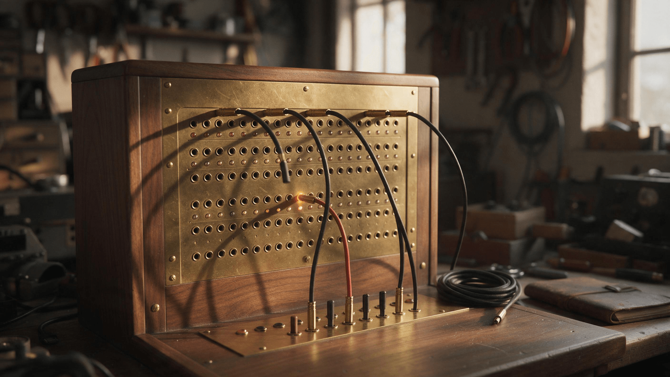 A restored 1960s telephone switchboard on a workbench in late afternoon light, with one red patch cord plugged into a jack whose amber lamp is lit