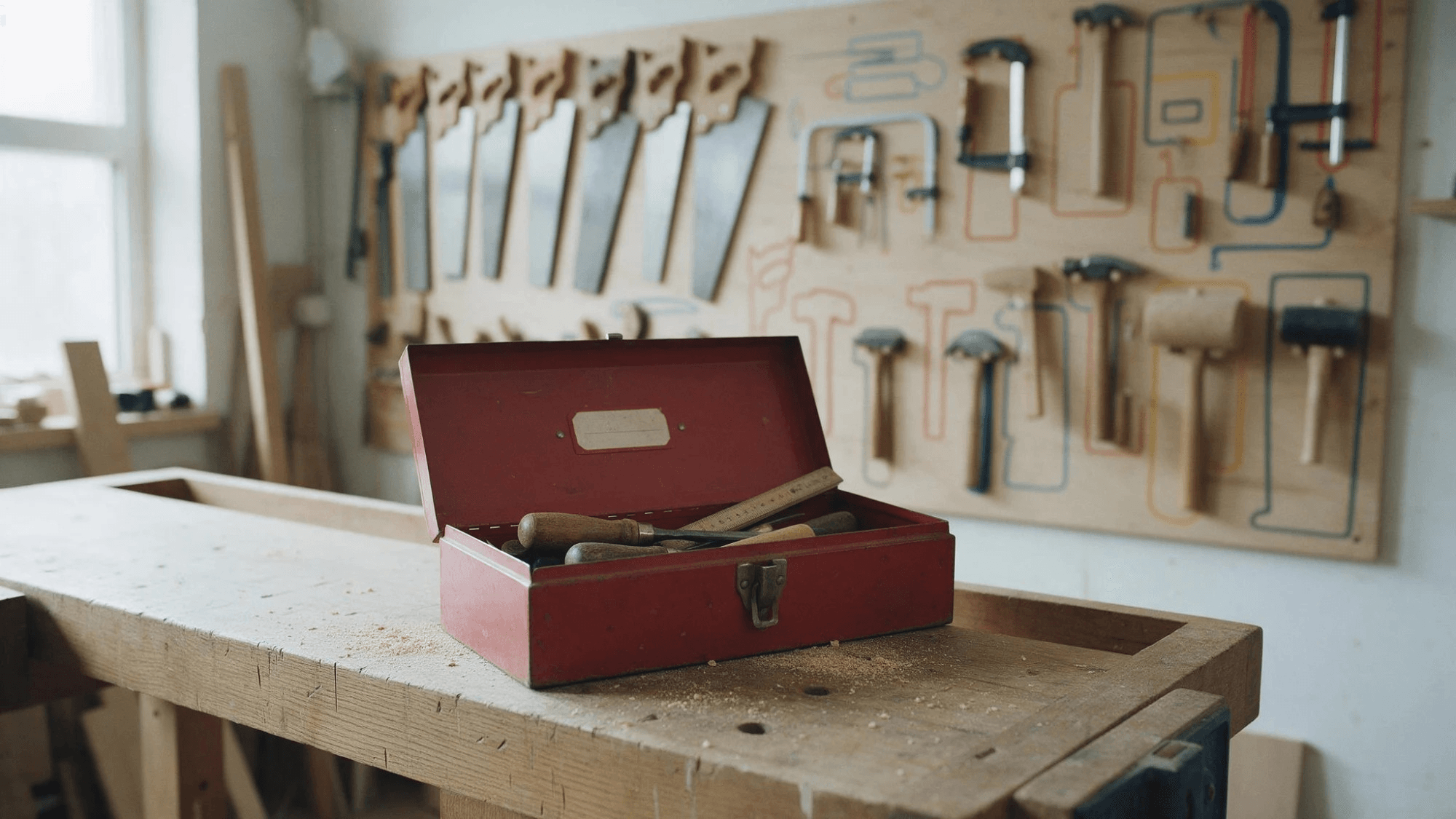 An open red personal toolbox on an oak workbench in front of a shared pegboard wall of hand tools, like a server kept private in one project versus one shared with the whole team
