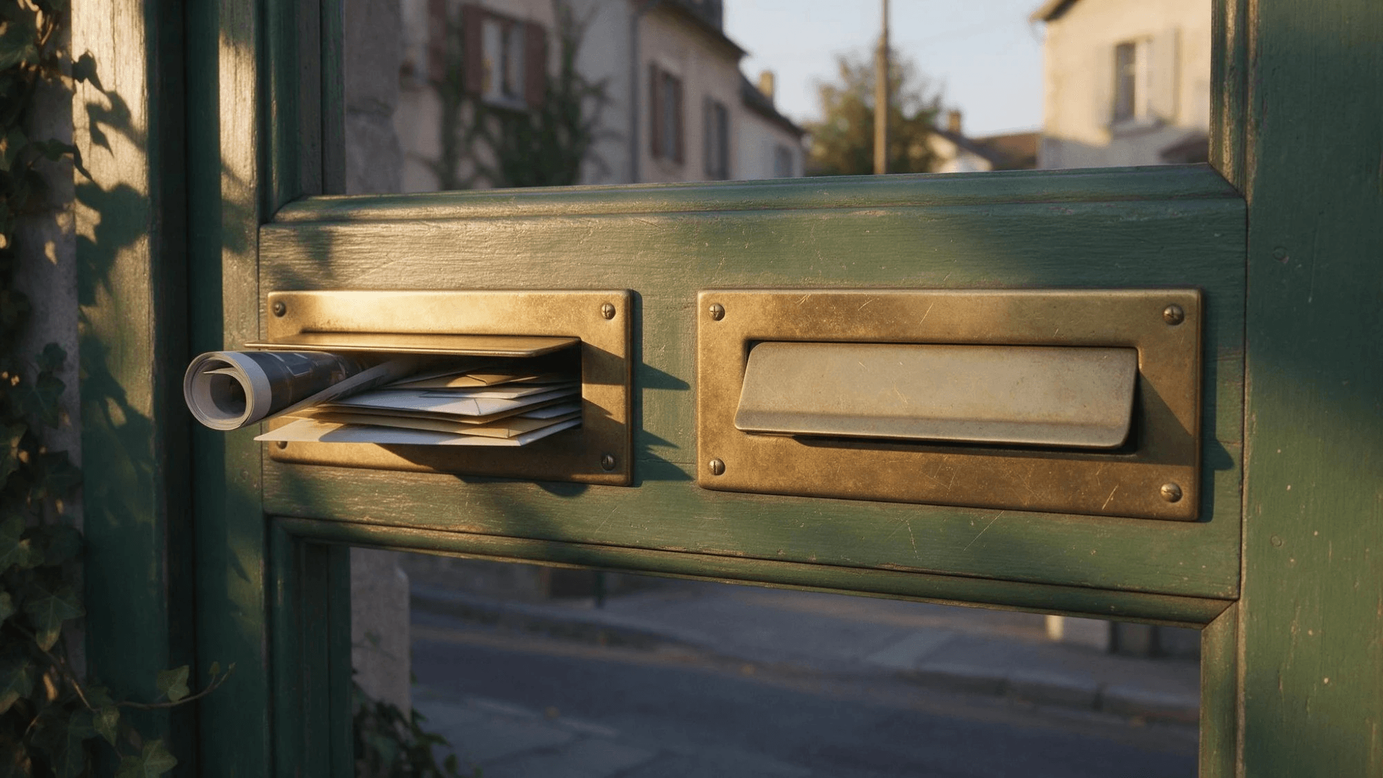 Two brass mail slots side by side in a weathered green door frame, one stuffed with envelopes and the other empty, like Claude Code and Claude Desktop keeping separate MCP config files