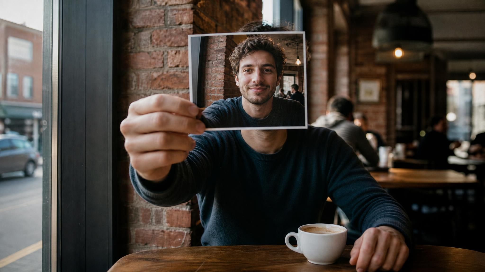 Young man at a café table holding a printed photo of himself at arm's length in front of his face like a phone selfie, the print showing the same man at the same table as photographed by a friend, a visual joke about making an AI picture of yourself from one photo without changing the room