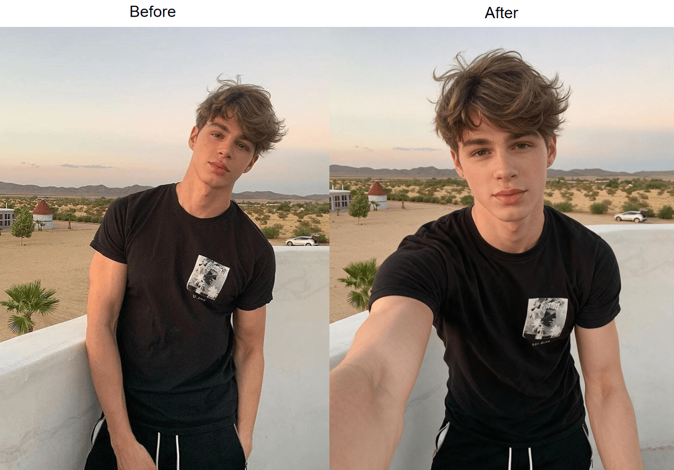 Before and after from the free AI selfie generator: the uploaded photo of a woman in a restaurant turned three-quarters over her shoulder on the left, and on the right the same woman, room, black top and earrings rebuilt as a front-facing arm's-length selfie