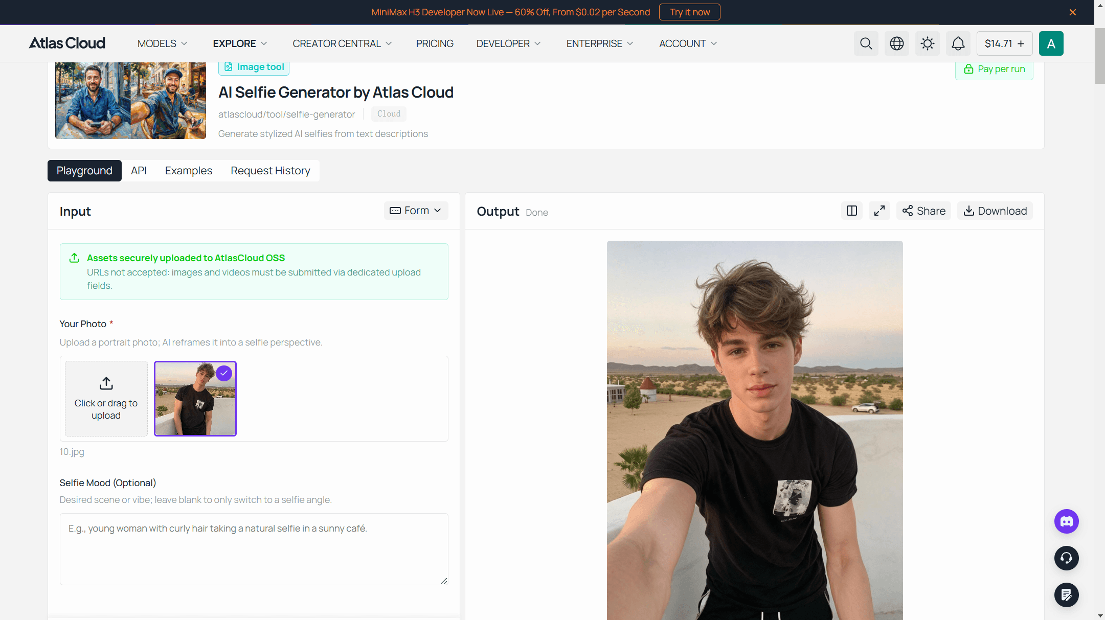 Free AI selfie generator result screen with the mood field empty: the uploaded portrait on one side and the generated arm's-length selfie on the other, same face, hair and room