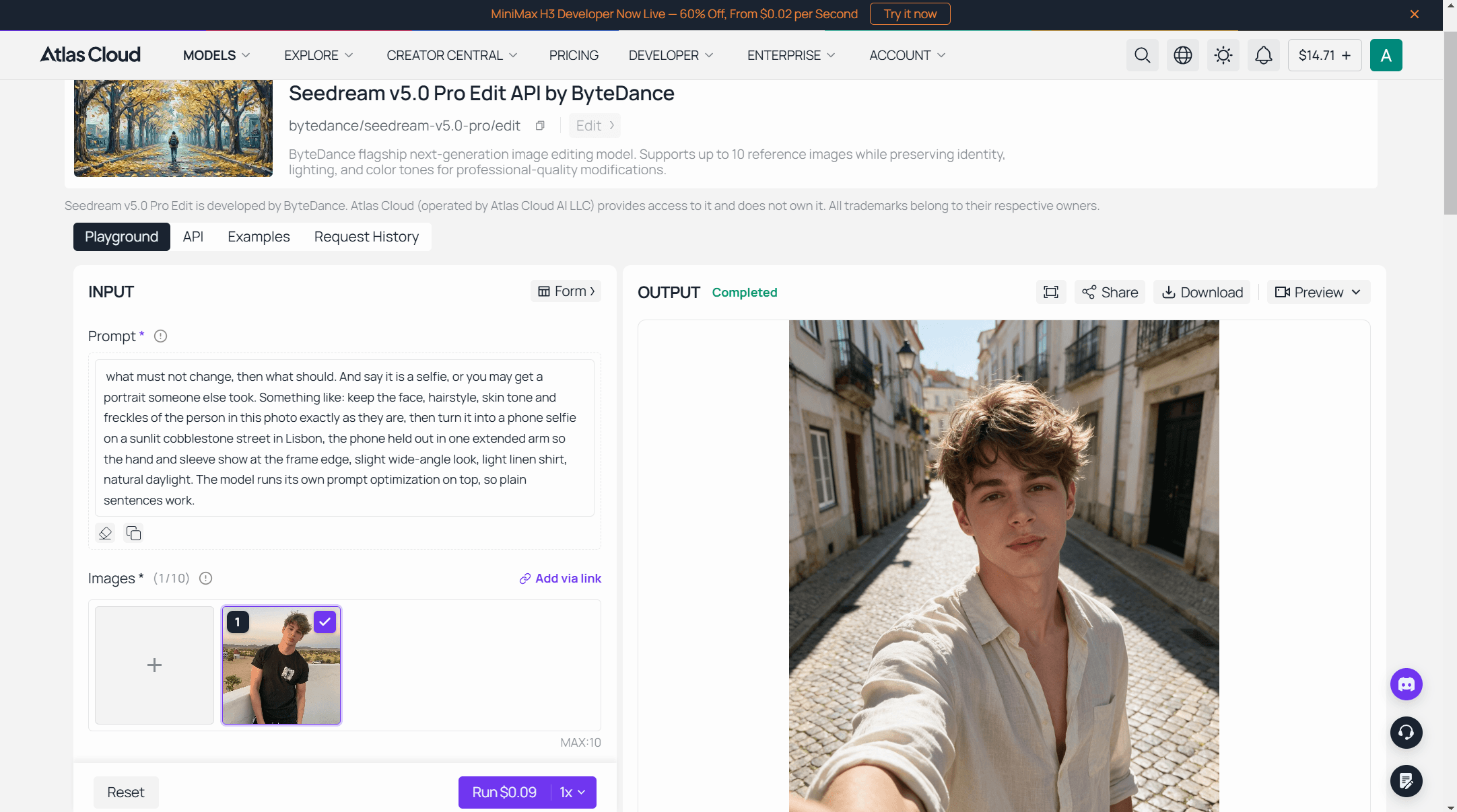 Seedream 5.0 Pro Edit playground on Atlas Cloud showing one uploaded portrait, a prompt that first locks the face and then asks for a Lisbon street selfie, and the resulting AI picture of the same person in a linen shirt holding the phone out at arm's length on a sunlit cobblestone street