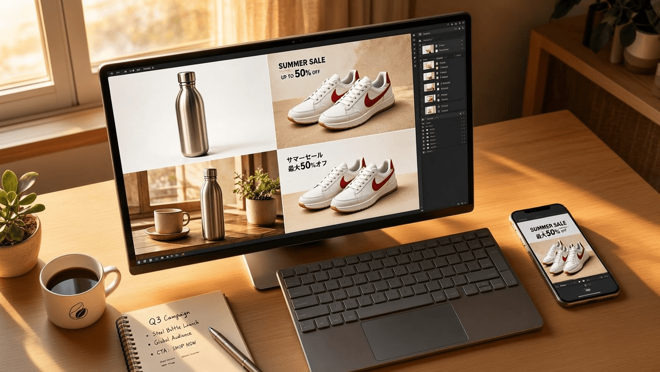 Editorial illustration of an e-commerce ad workflow built with Seedream 5.0 Pro: pack shot, lifestyle scene, and localized banner variants of the same product arranged on one designer's screen.