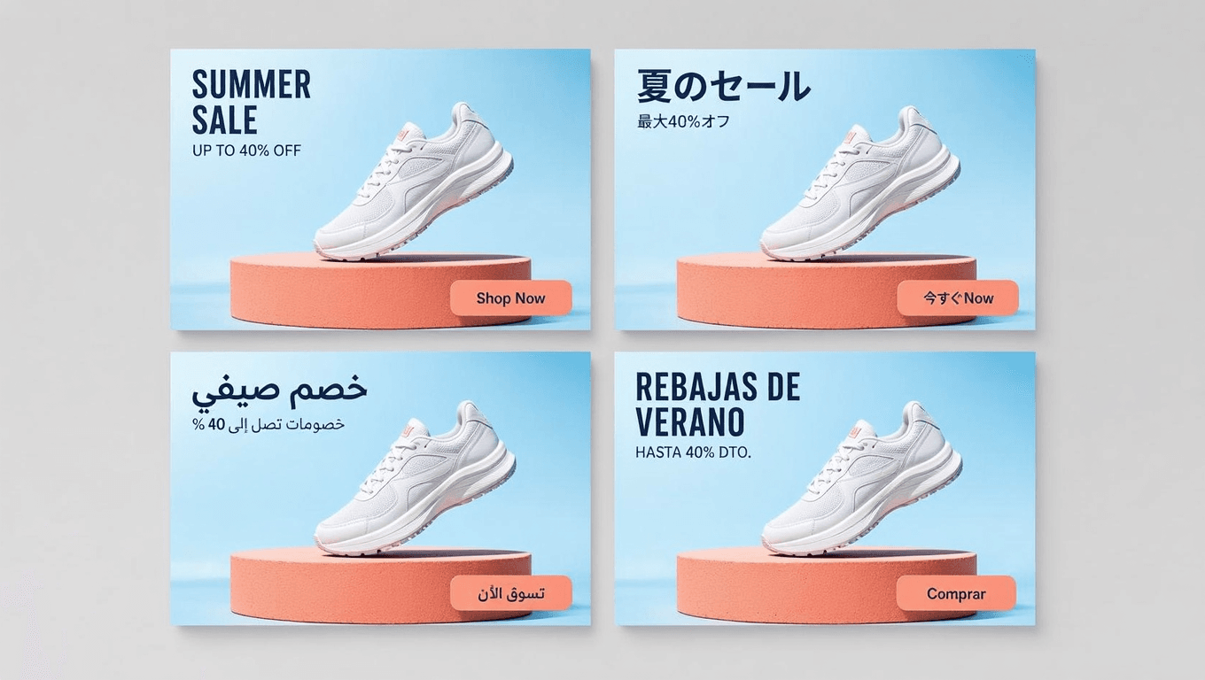 Four Seedream 5.0 Pro banner variants sharing one layout, localized into English, Japanese, Arabic, and Spanish with consistent product placement and button styling.