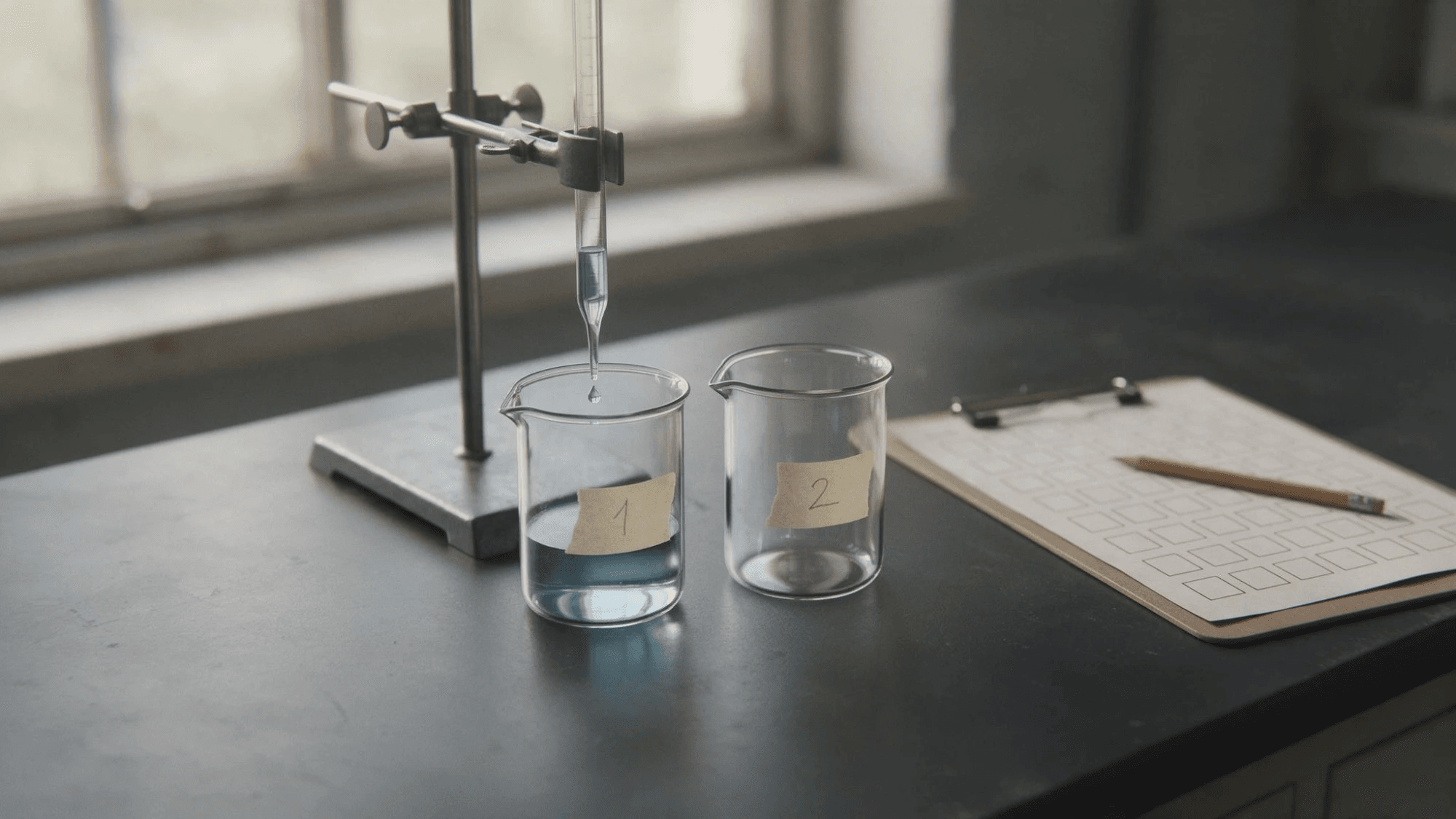 A lab bench by a window where a pipette held in a stand drops pale blue liquid into a beaker labelled 1 while an identical beaker labelled 2 waits empty beside it, with a clipboard holding an empty scoring grid and a pencil, used as the hero image for a Gemini vs ChatGPT comparison