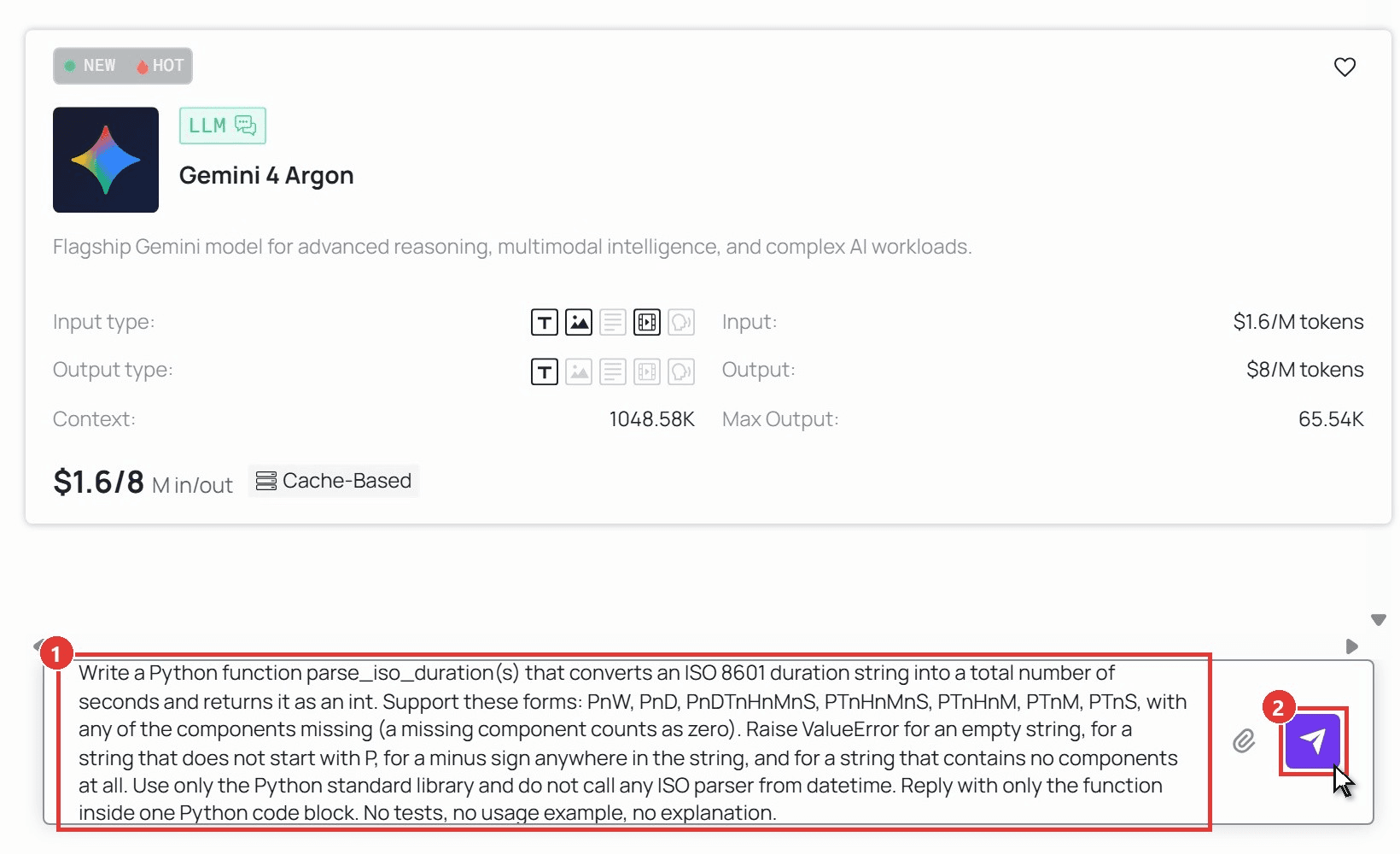 Atlas Cloud playground for Gemini 4 Argon with the coding test prompt pasted into the message box marked as step 1 and the purple send arrow marked as step 2, with the cursor resting on the send button