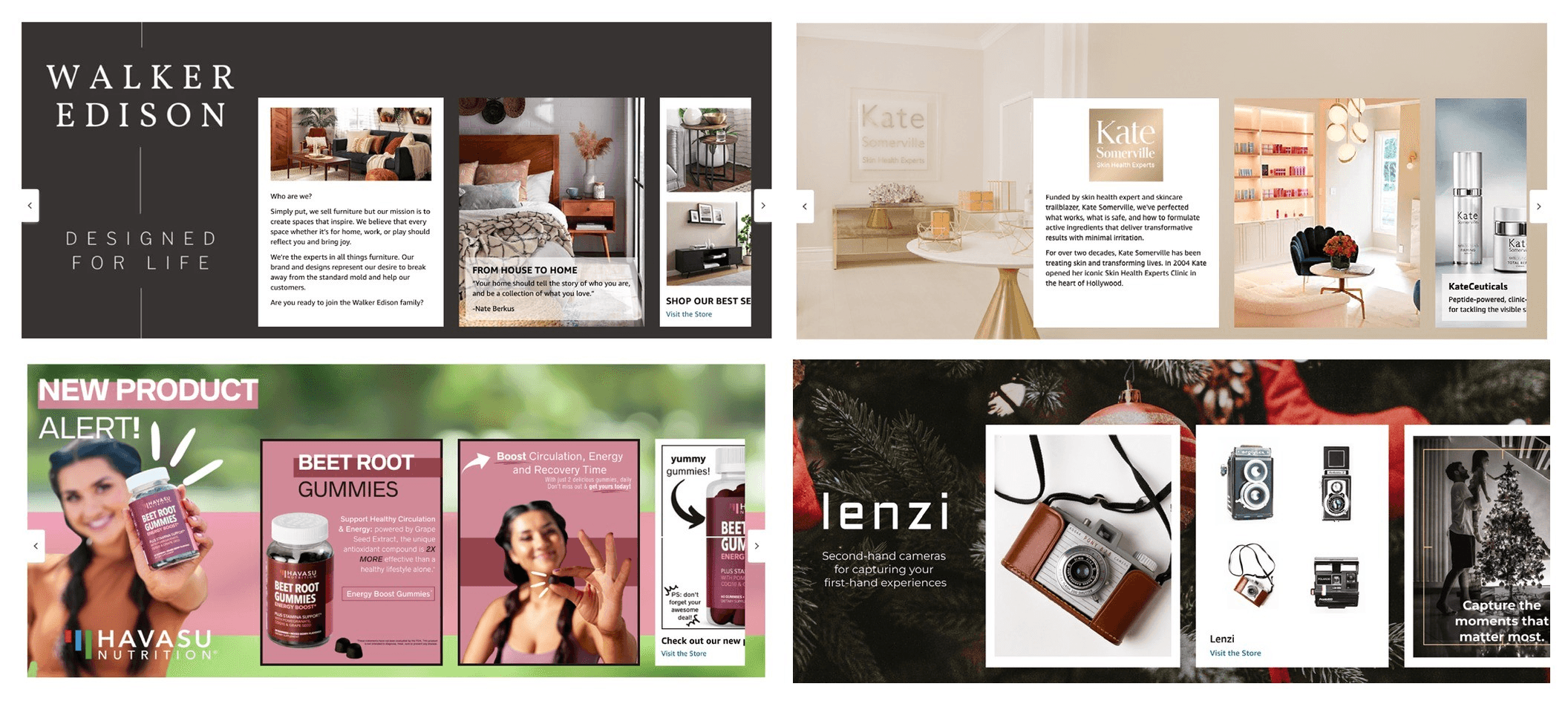 来自 Amazon 快速入门指南的四个 Amazon Brand Story 示例:Walker Edison 家具、Kate Somerville 护肤品、Havasu Nutrition 甜菜根软糖和模拟相机品牌 lenzi, ea