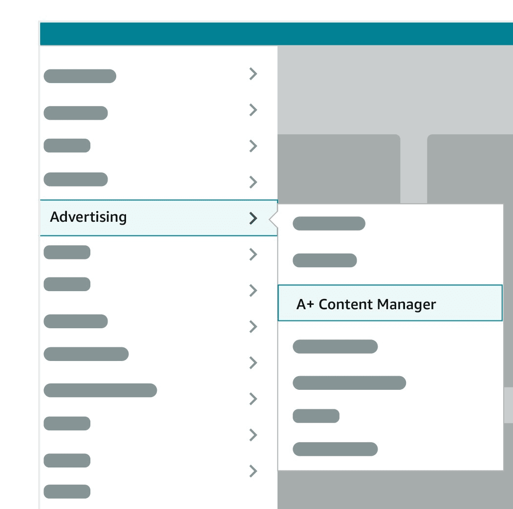 Amazon 的 Seller Central 菜单插图,选中了 Advertising,并在子菜单中突出显示了 A+ Content Manager