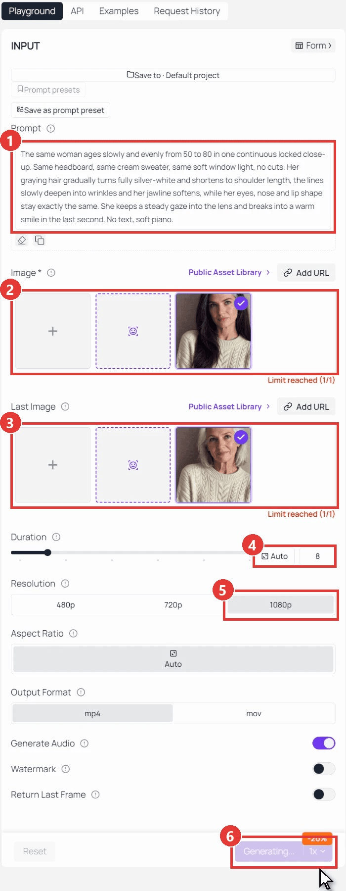 Aging filter trend steps in the Seedance 2.5 Image-to-Video playground: the aging prompt in box 1, the 50-year-old still as Image in box 2, the 80-year-old still as Last Image in box 3, duration 8 in box 4, 1080p in box 5, and the cursor on Run in box 6