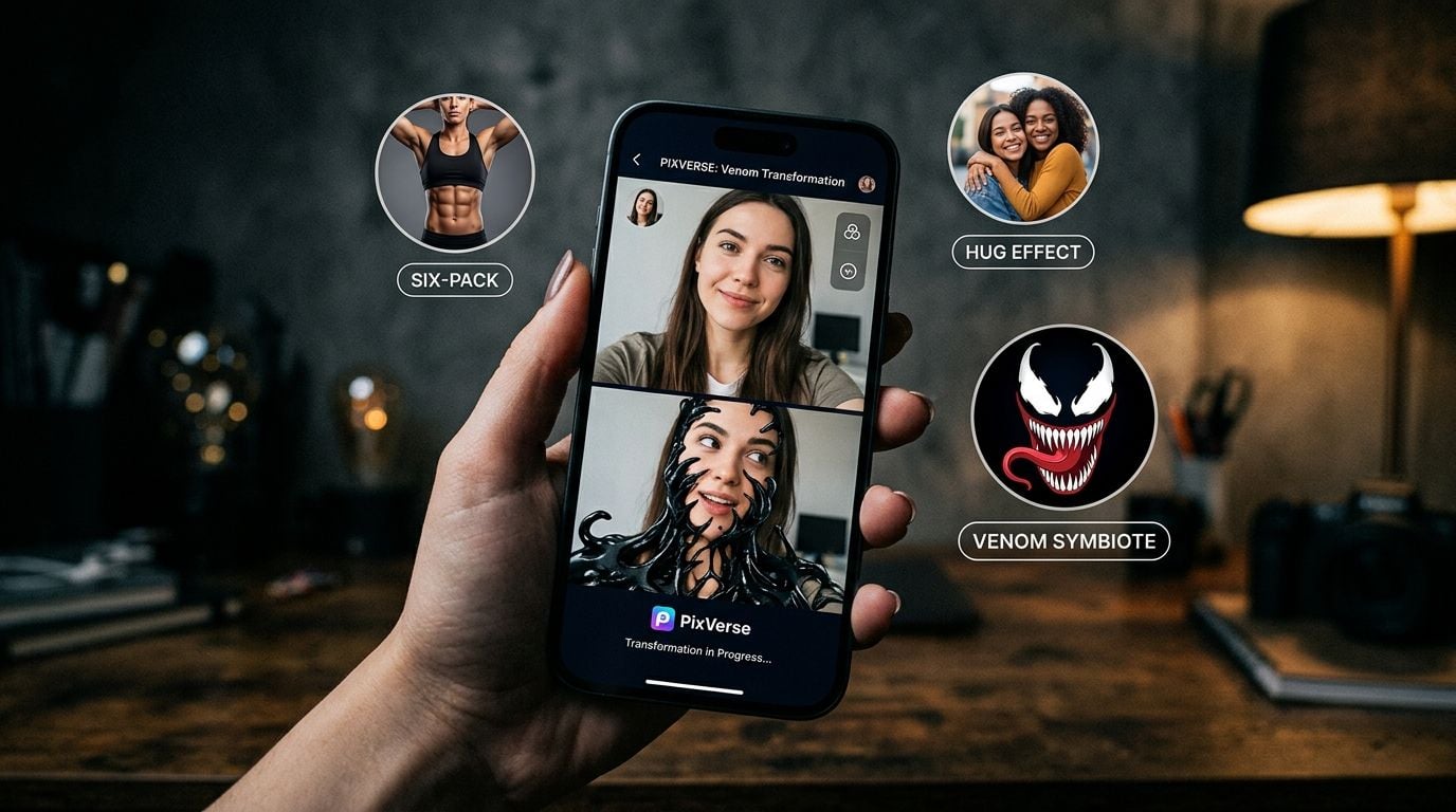 A phone showing a PixVerse AI effect turning a selfie into the Venom symbiote, surrounded by one-tap effect template thumbnails.