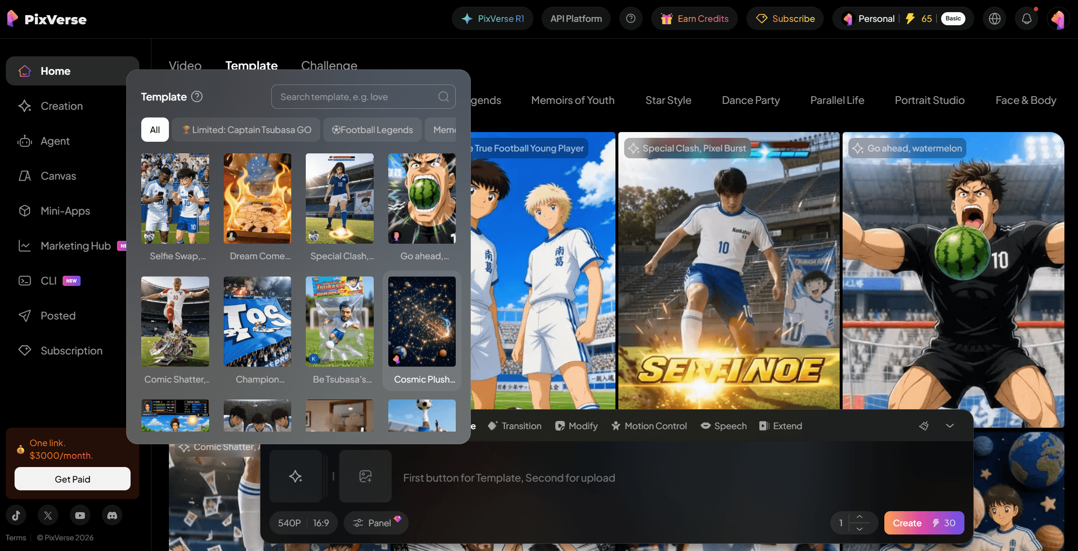 The PixVerse Effect Center, a searchable grid of one-click video effect templates with category filters including a limited Captain Tsubasa collection, Football Legends, Dance Party, and Portrait Studio.