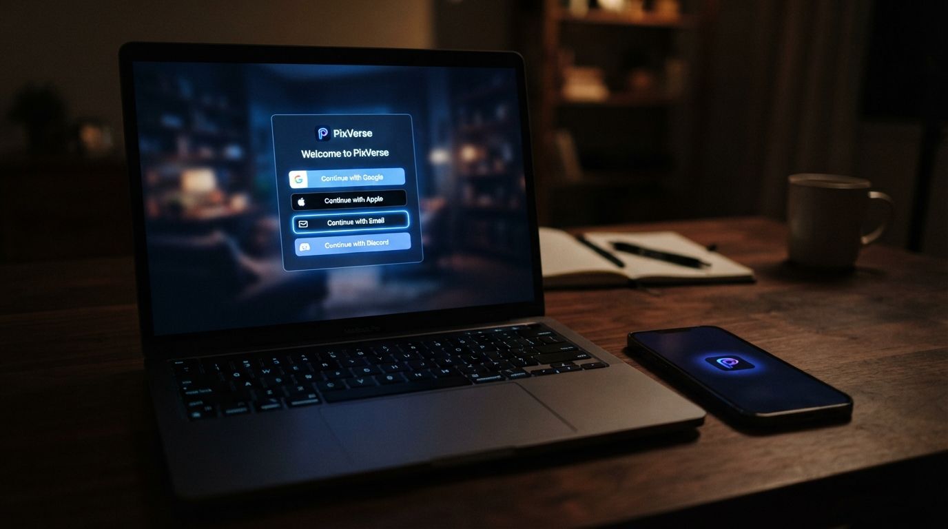 The PixVerse login screen on a laptop, showing Google, Apple, and Discord sign-in buttons above an email and password form.