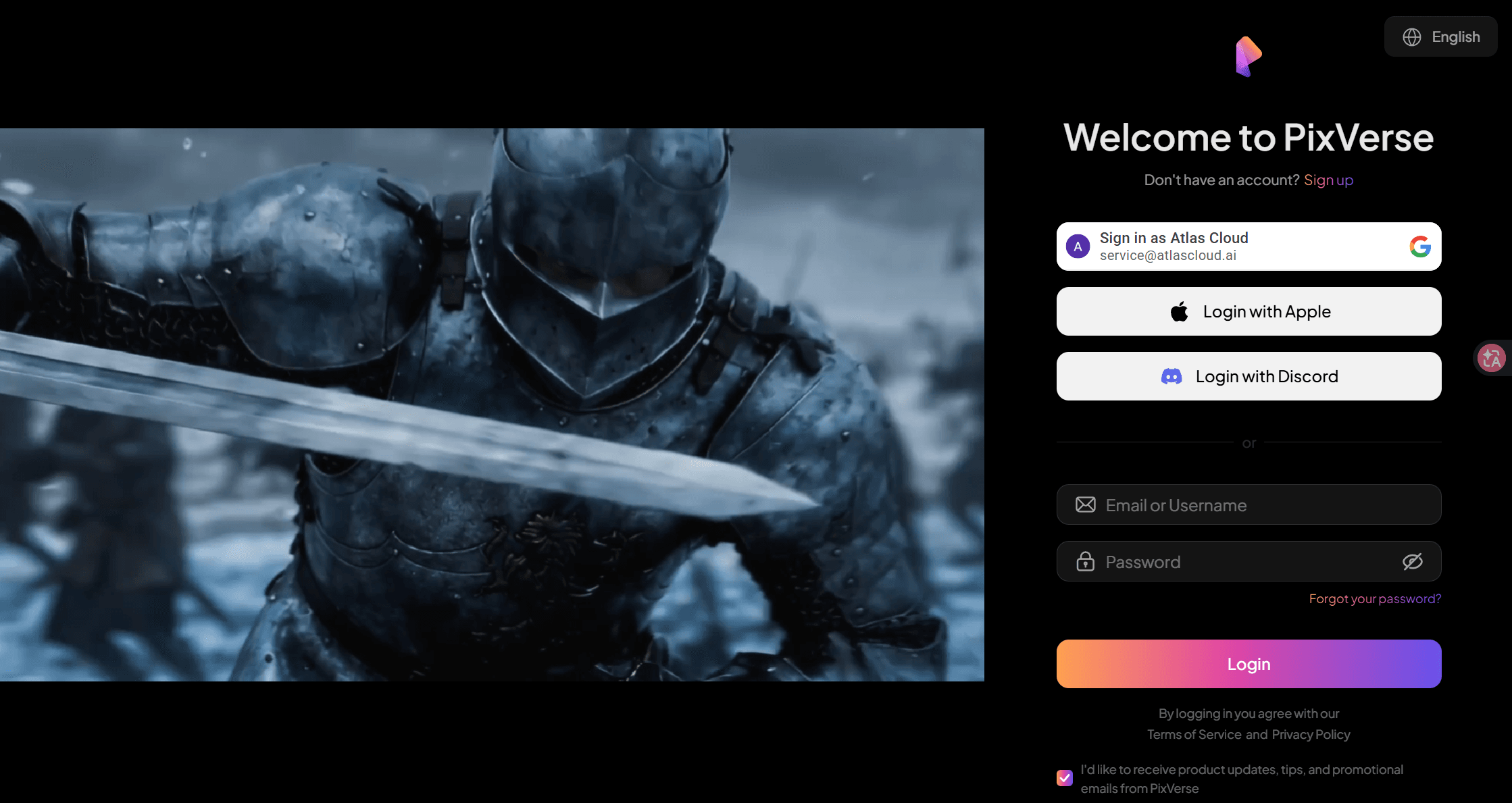 The PixVerse sign up form with fields for username, email, password, and confirm password, above a terms of service consent notice and an optional marketing email checkbox.