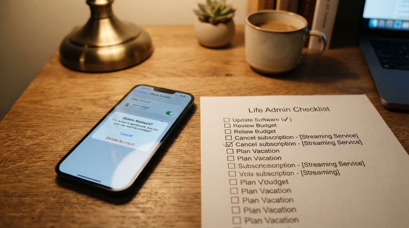 A phone displaying an account deletion confirmation dialog next to a paper checklist where cancel subscription is checked, illustrating the order of steps before deleting a PixVerse account.
