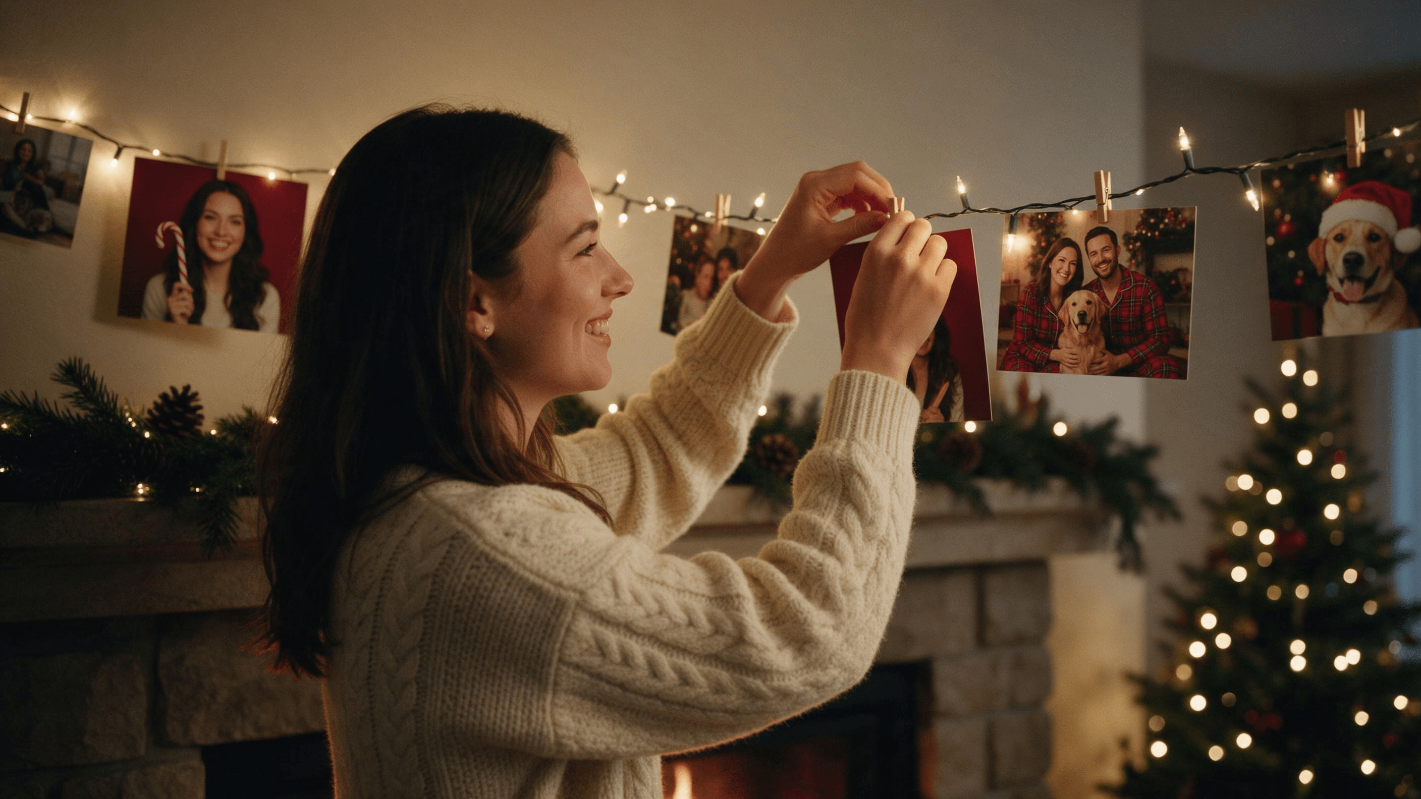 A young woman in a cream knit sweater smiling as she clips printed AI Christmas portraits onto a string of fairy lights above a stone fireplace, with a lit Christmas tree glowing in the background
