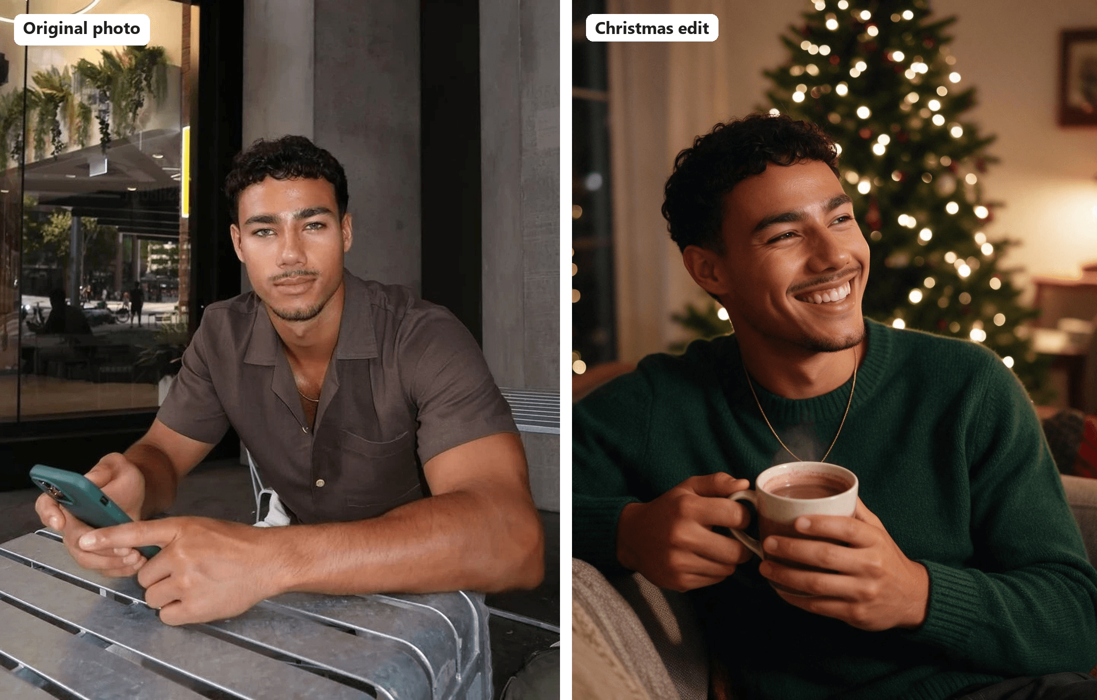 Before and after: a man with curly dark hair sitting at an outdoor café table, then the same man laughing in a green knit sweater with a mug of cocoa beside a lit Christmas tree, edited with Seedream 5.0 Pro
