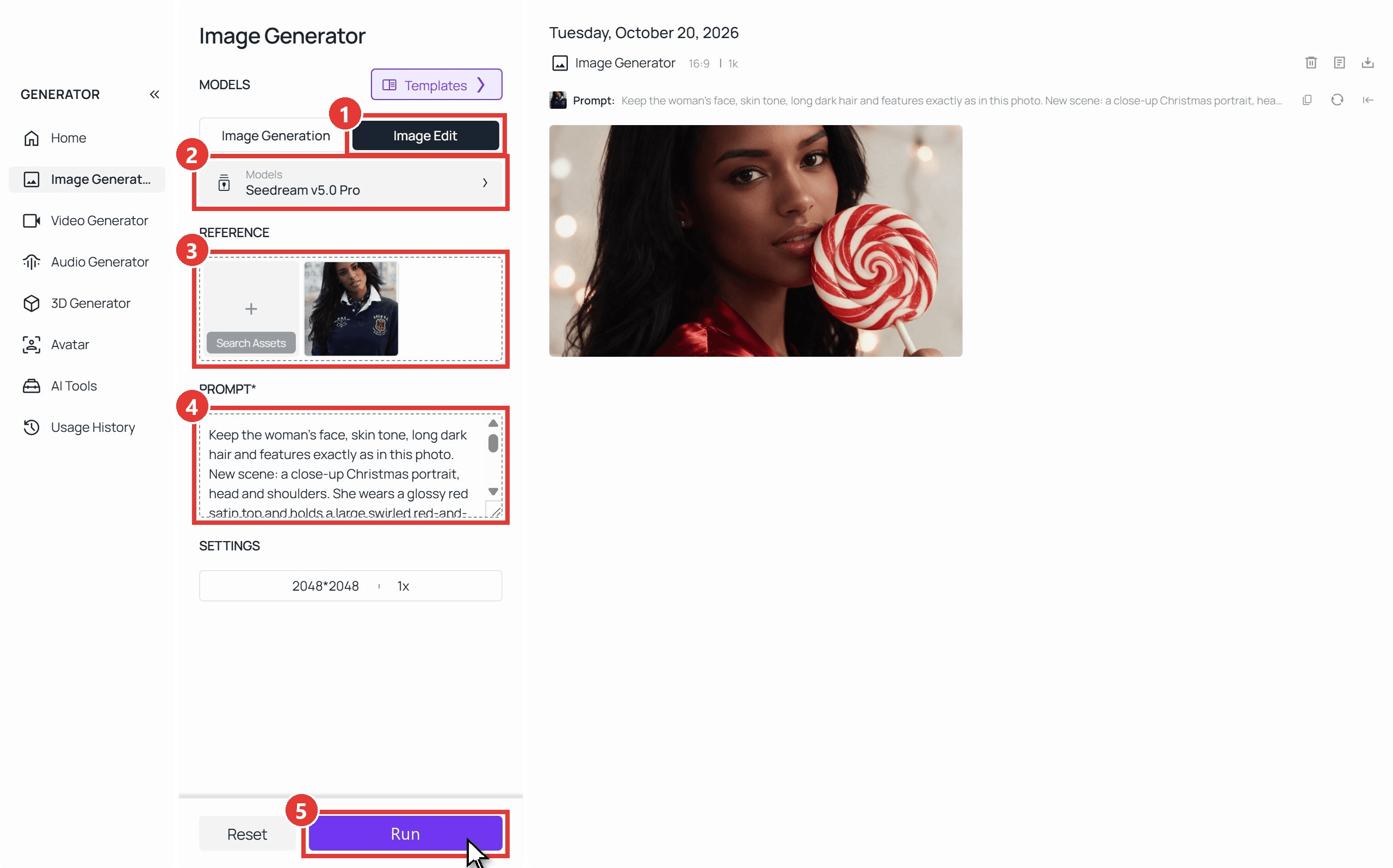 The Image Edit tab in Atlas Cloud's image generator with Seedream v5.0 Pro selected, a portrait uploaded as the reference, a Christmas lollipop prompt typed in, and the finished AI Christmas photo shown on the right