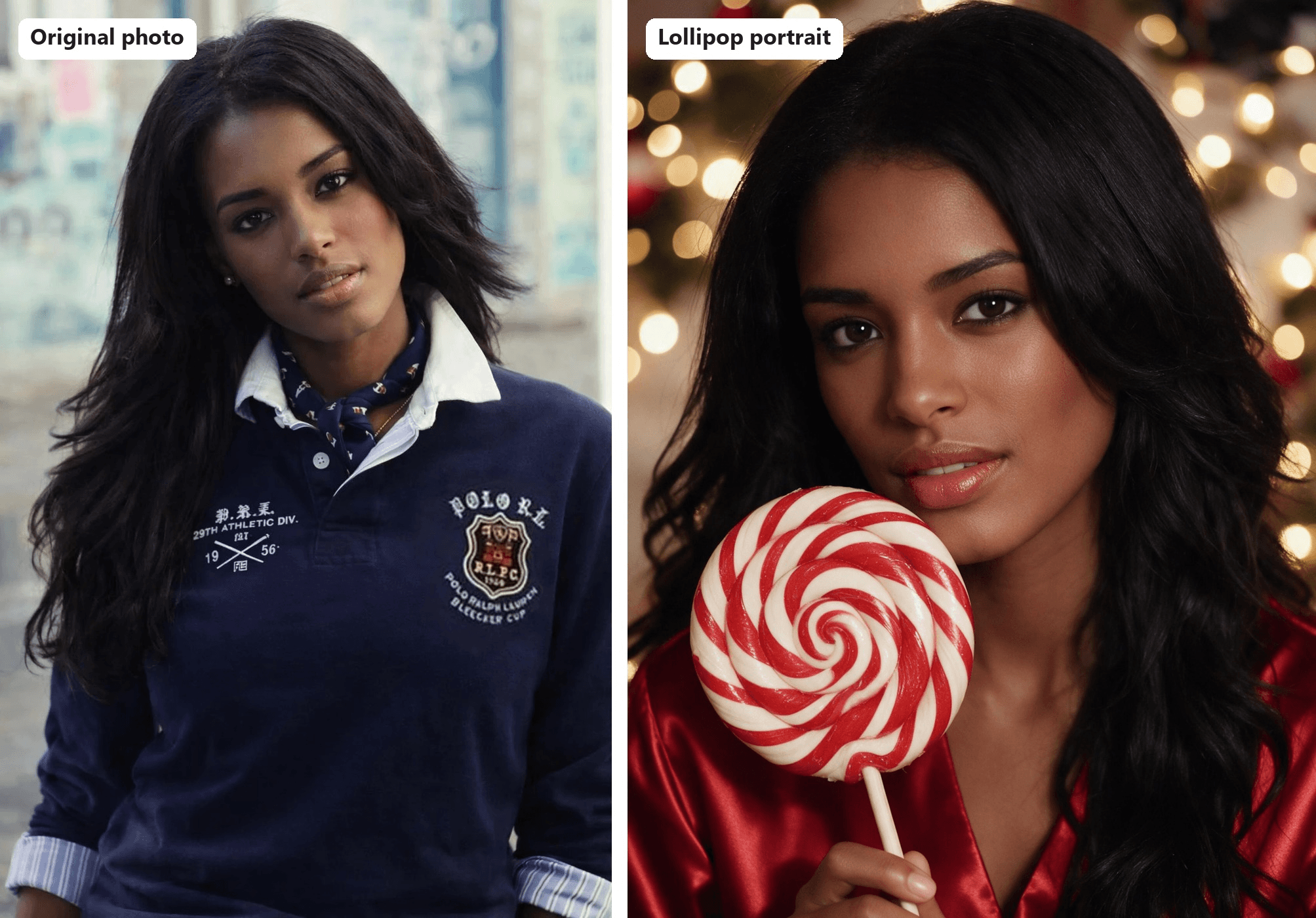 efore and after: a woman with long dark hair in a navy sweater on a city street, then the same woman in a red satin top holding a red-and-white swirl lollipop against warm Christmas bokeh