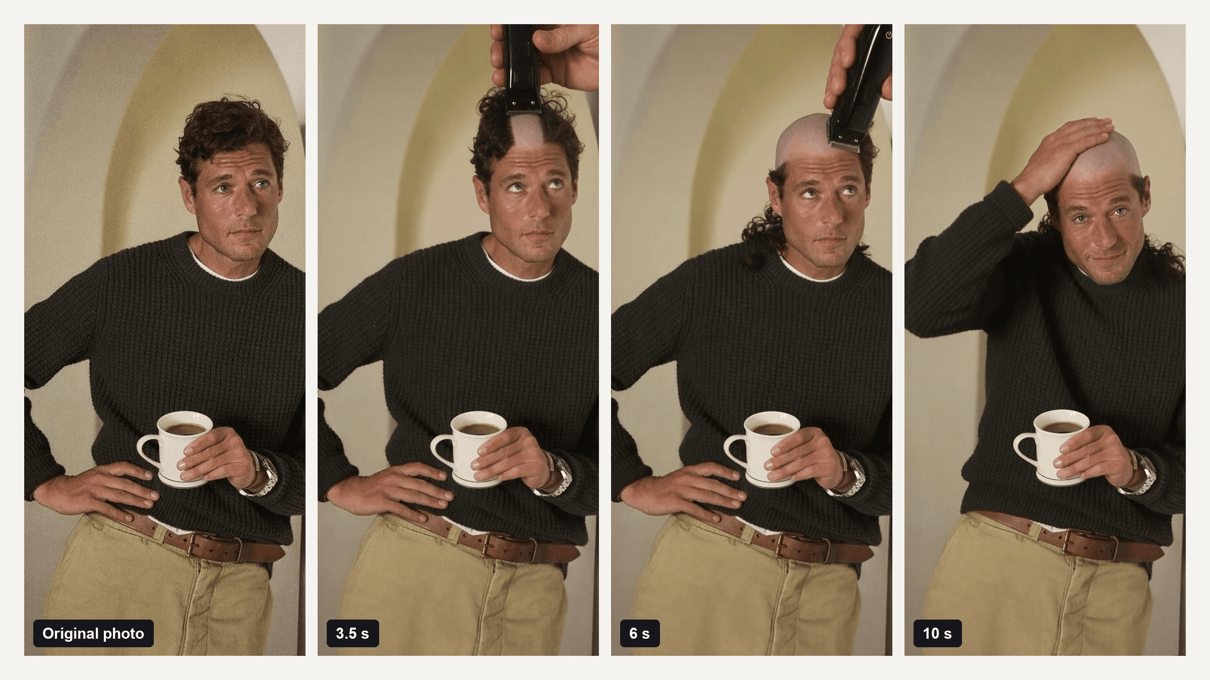 Bald filter prank hero image showing a man's original photo with curly brown hair next to three frames from the AI video where electric clippers shave the top of his head down to the scalp and he ends with a hand on his bald crown