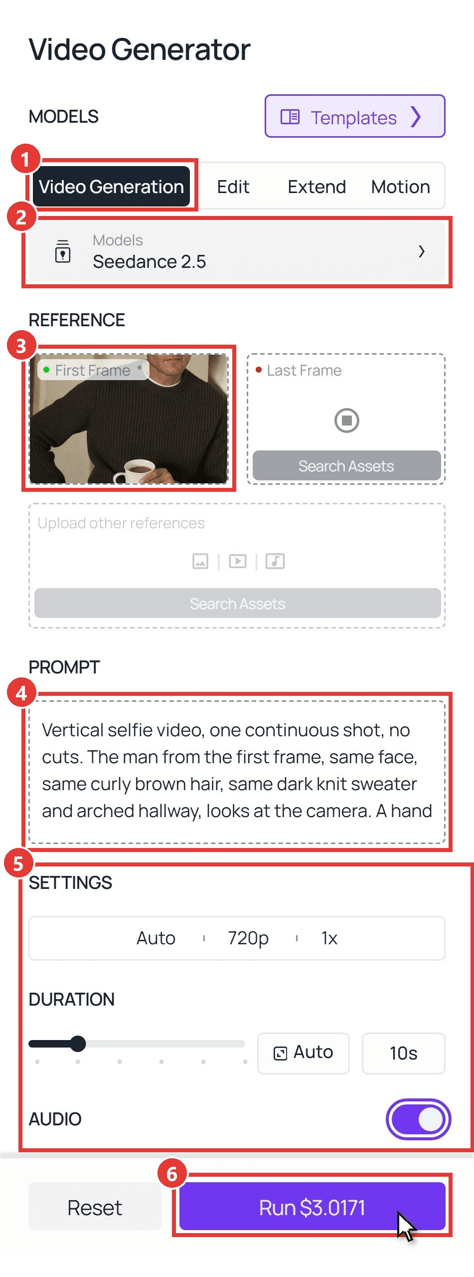 Bald filter prank steps in the Atlas Cloud video generator, numbered boxes on the Video Generation tab, the Seedance 2.5 model, the First Frame upload, the shave prompt, the 10-second duration and the Run button