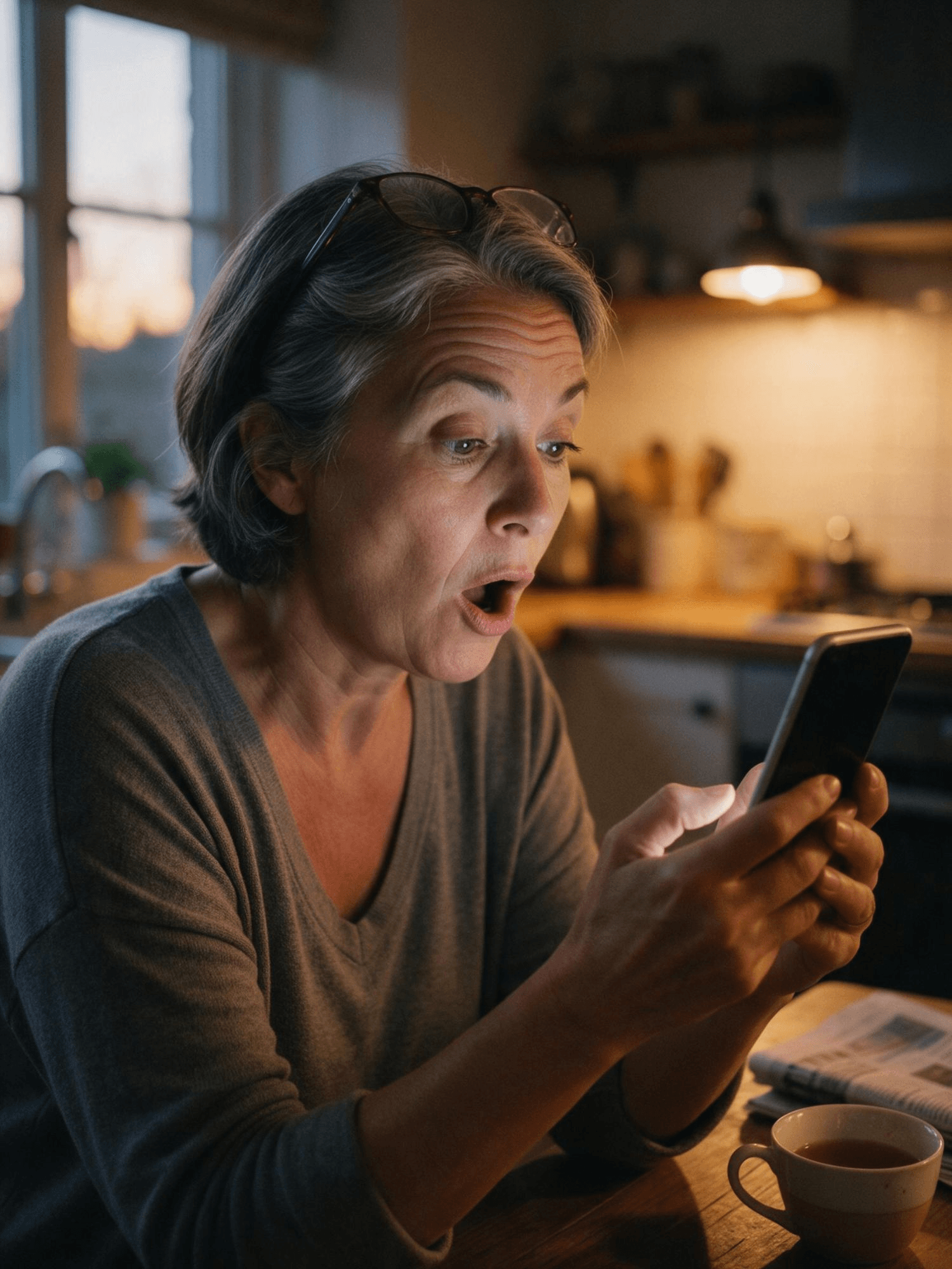 A mother in her late fifties at a kitchen table at dusk gasps at a bald filter prank video on her phone, reading glasses pushed up and a cup of tea beside her