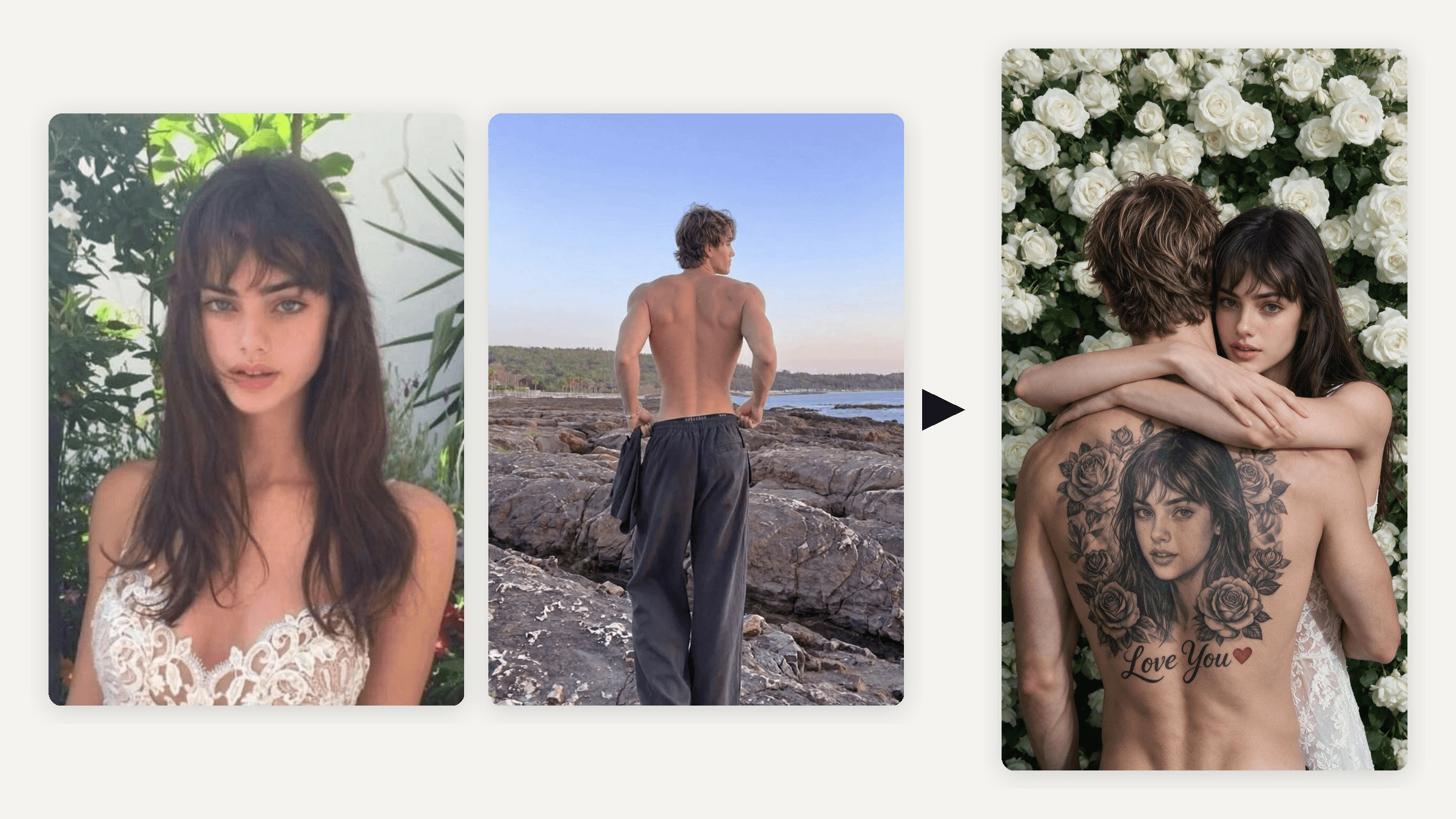 Couple back tattoo AI hero image: a woman's portrait photo and a man's bare back photo on the left, and on the right the same man with her face tattooed in black and gray across his back while she hugs him in front of white roses