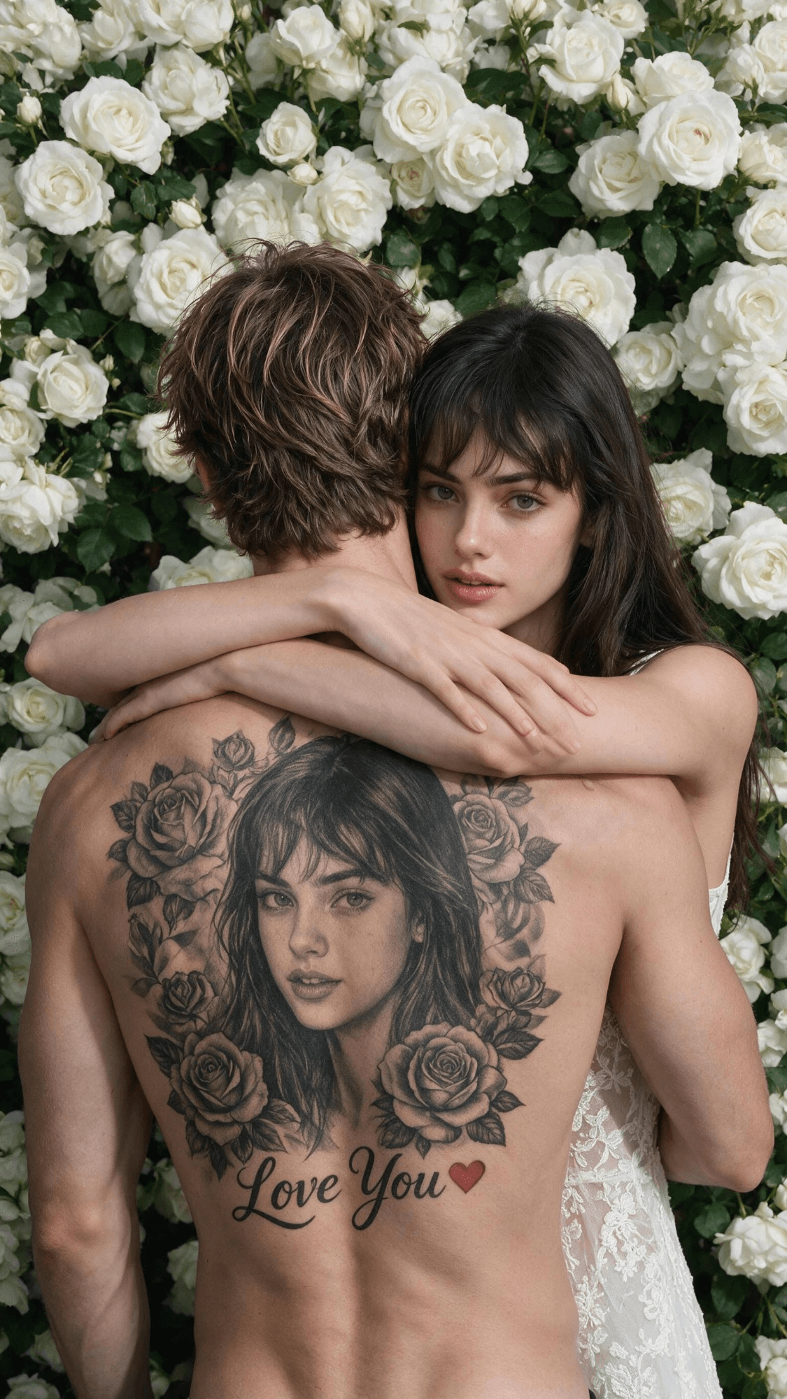 AI tattoo of girlfriend on back made with Seedream 5.0: a man with tousled light-brown hair shows his bare back with a black and gray portrait of her face, roses and Love You, while she hugs him in front of a white rose wall