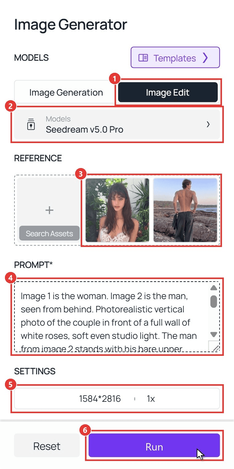 Couple back tattoo AI steps in the Atlas Cloud image generator: Image Edit tab, Seedream v5.0 Pro model, her portrait and his back photo as references, the tattoo prompt, a 1584×2816 setting, and the cursor on Run