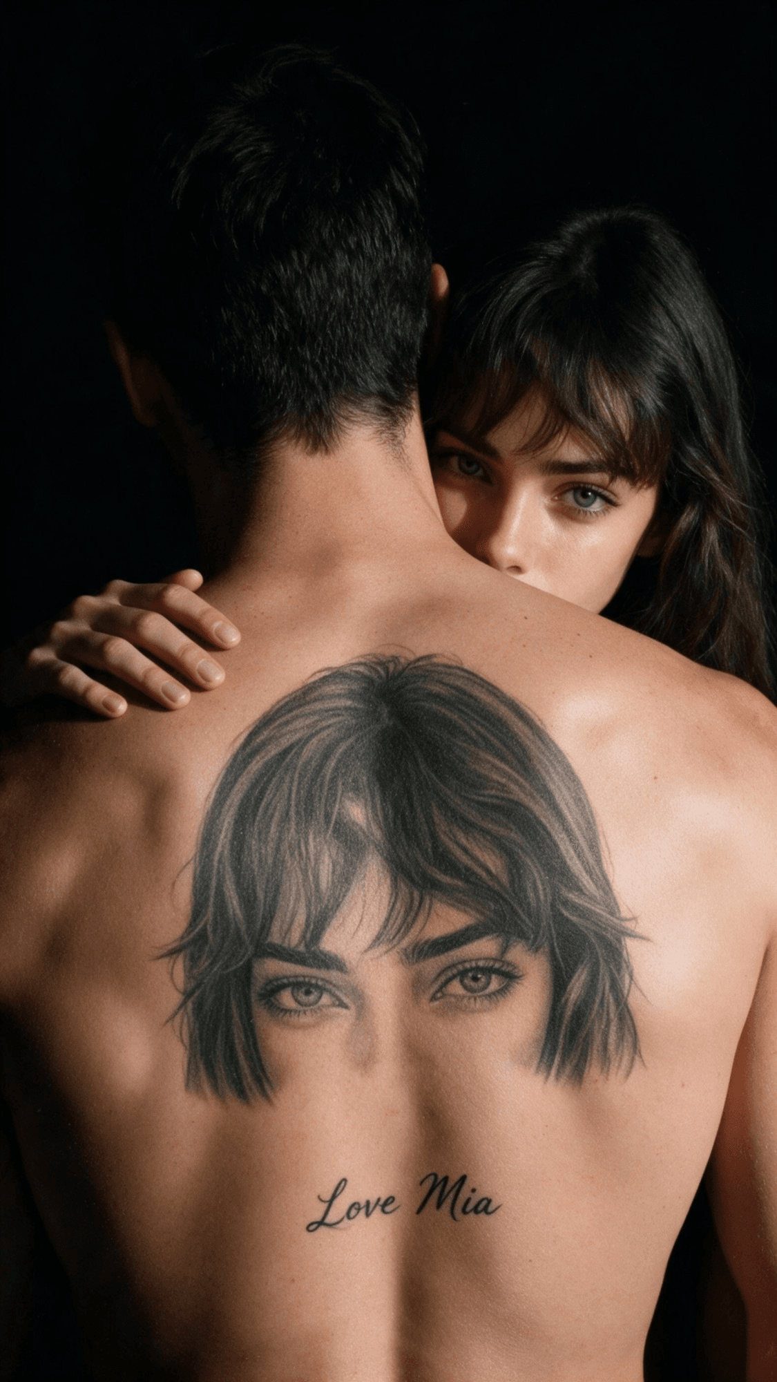 Romantic back tattoo portrait from one photo: an AI-generated man with short dark hair turns his back to the camera, her eyes and bangs tattooed across it with Love Mia in script, while she peeks over his shoulder against a black backdrop
