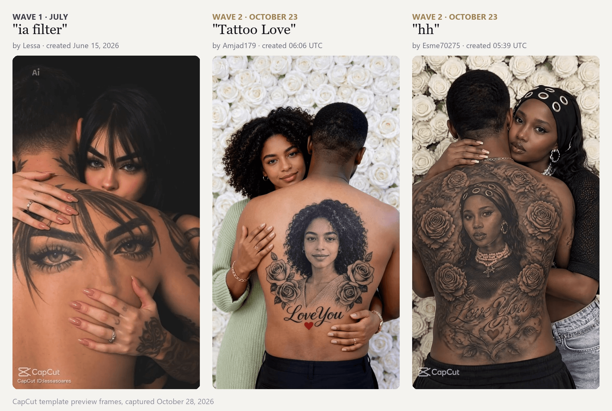 Couple back tattoo CapCut template previews: the ia filter template from the July wave, and the Tattoo Love and hh templates from the October wave, each showing a woman's face tattooed on a man's back