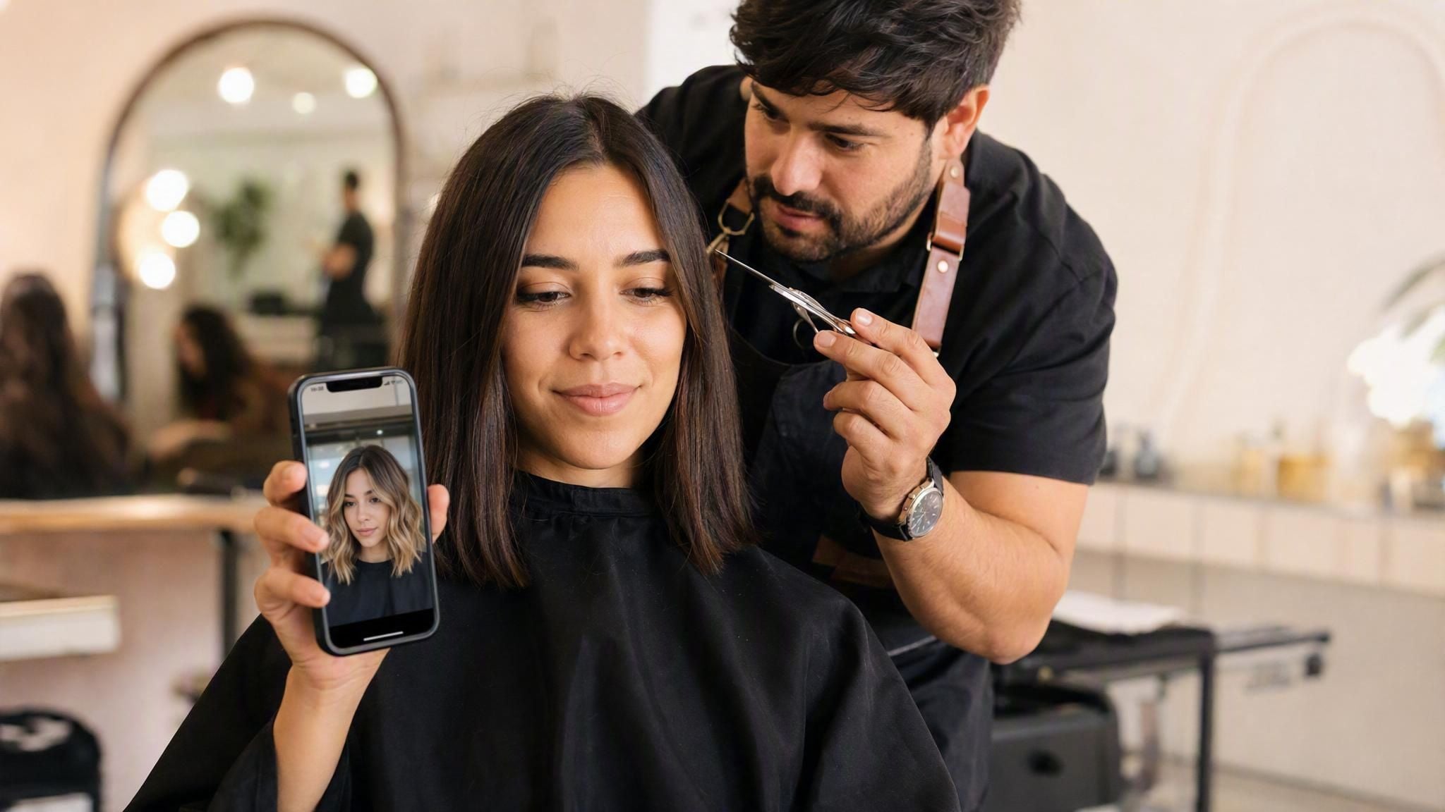 A salon client holding up a phone showing an AI hairstyle changer preview of honey-blonde beach waves, while her stylist pauses with scissors near her original dark brown hair.
