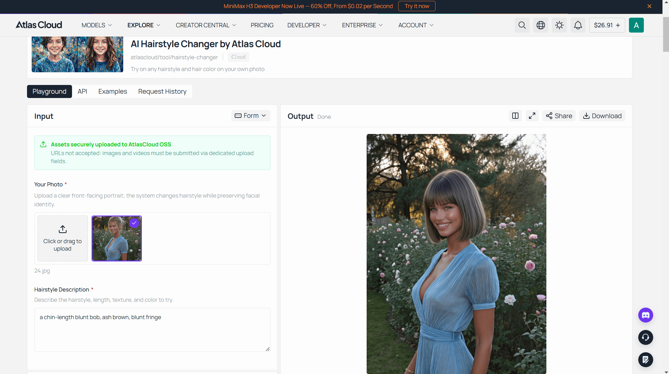 Before and after screenshot from Atlas Cloud's free AI hairstyle changer showing a real generated hairstyle change on the same face and background.