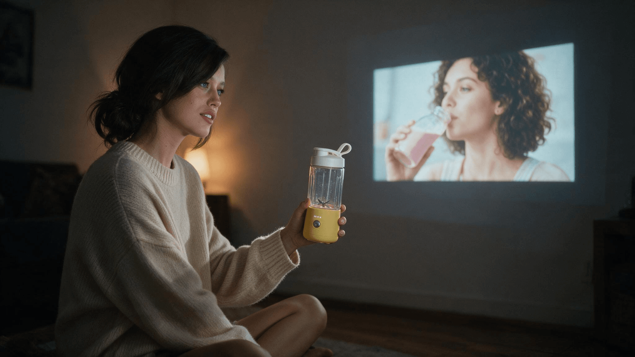 A founder in a dim apartment at night holds her butter-yellow portable blender while a competitor's smoothie ad plays on a projector screen on her wall, one of the first steps in learning how to find winning ads