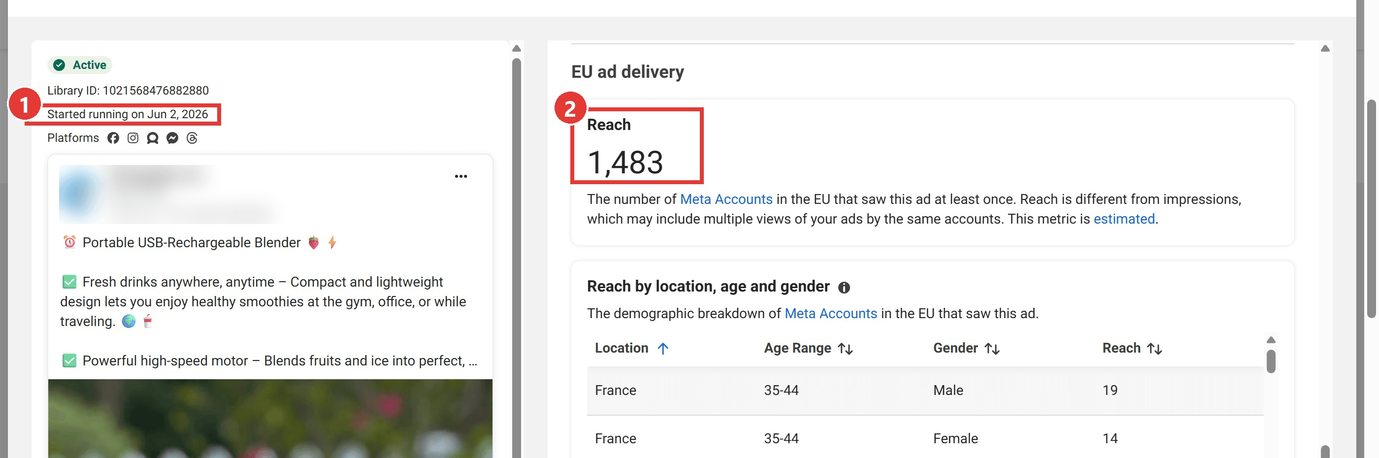 eta Ad Library ad details for a portable blender ad that started running on Jun 2, 2026, with the EU ad delivery panel showing a reach of 1,483 Meta accounts in the EU The advertiser's name and logo are blurred
