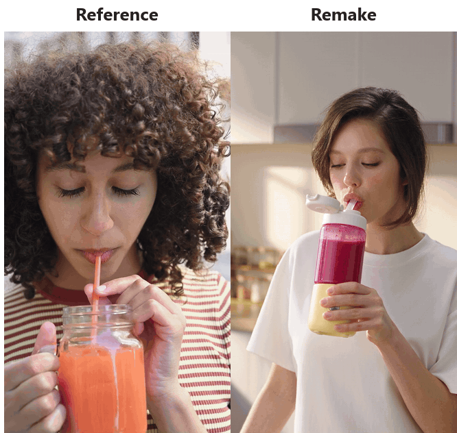 Video Clone before and after: on the left a 12-second reference smoothie ad with a sip-and-smile hook, milk poured over raspberries, a blended pink drink and a closing smile, on the right the same four beats remade with a butter-yellow portable blender and a new creator who winks at the end