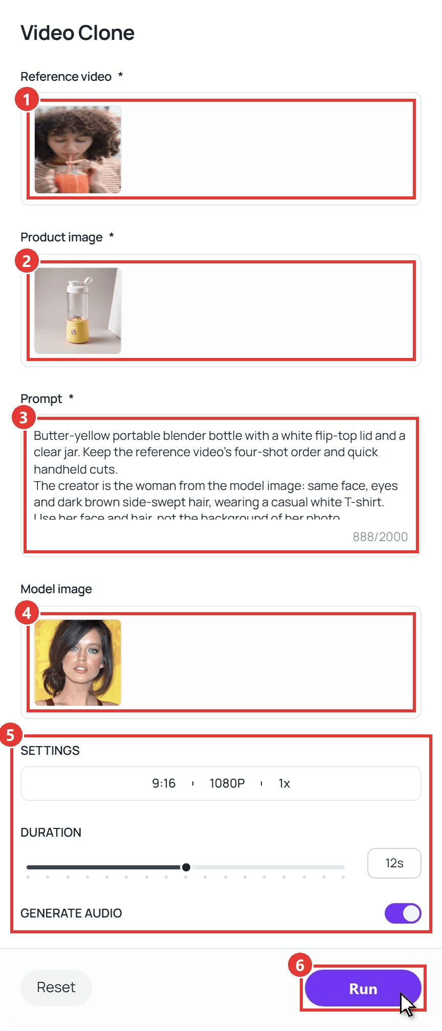 Video Clone form with the six controls to use in order: the Reference video holding a 12-second smoothie ad, the Product image with a butter-yellow portable blender, the Prompt box with a four-shot brief, the Model image, the Settings, Duration and Generate audio rows at 9:16, 1080P, 1x and 12 seconds, and the Run button