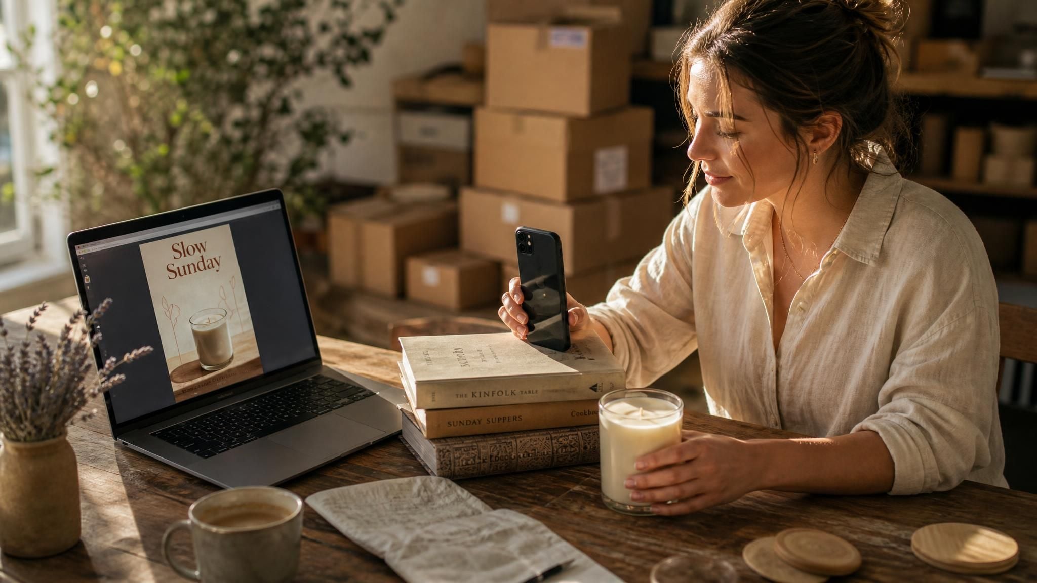 Founder photographing a candle at a kitchen table while a laptop shows the vertical AI poster generated from that photo, the setup for how to generate a poster with AI from one product shot