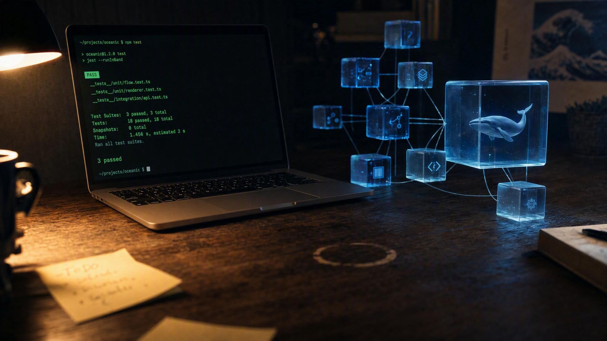 Laptop showing code next to a glowing blue whale hologram