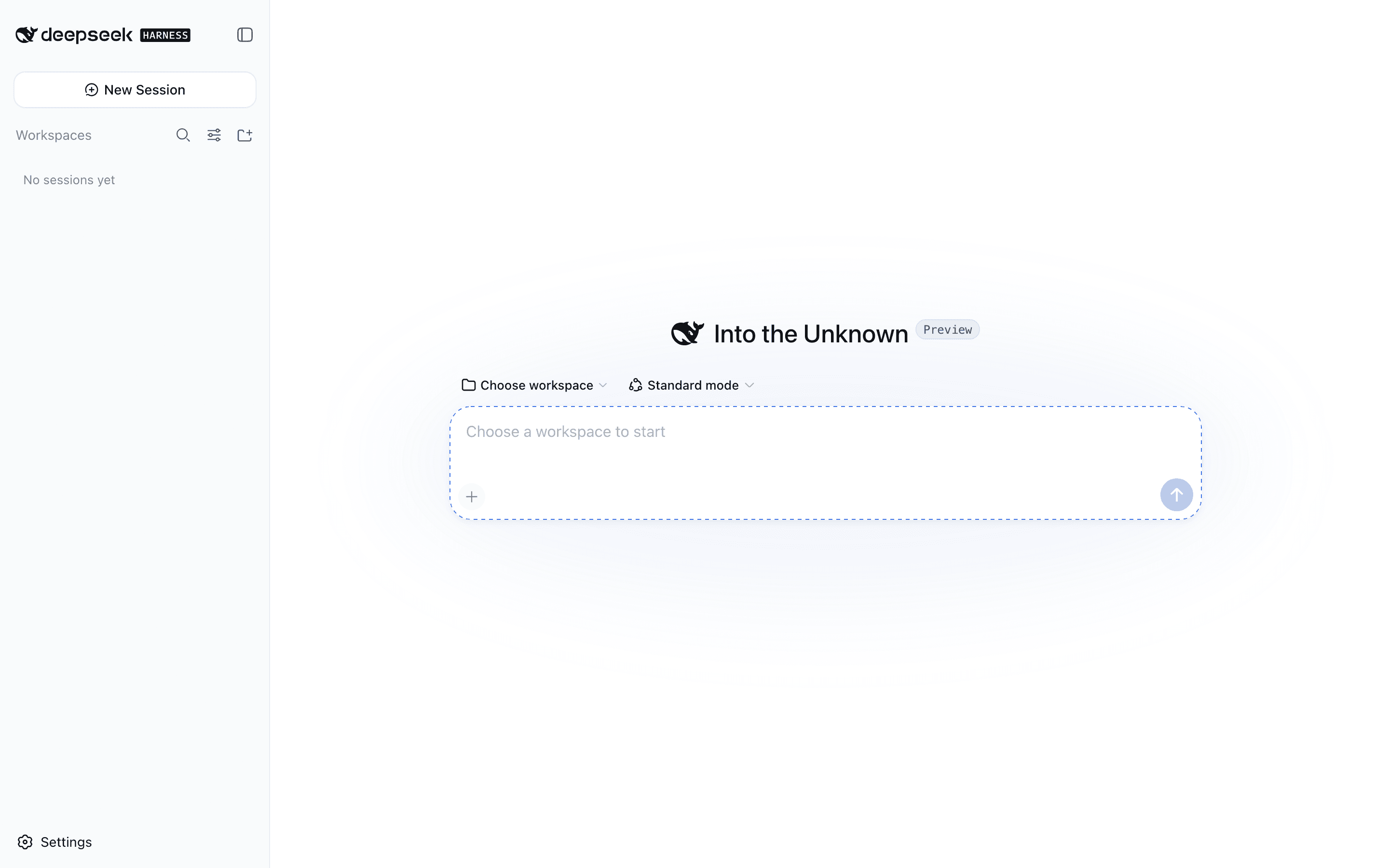 DeepSeek Harness interface with a text box to choose a workspace