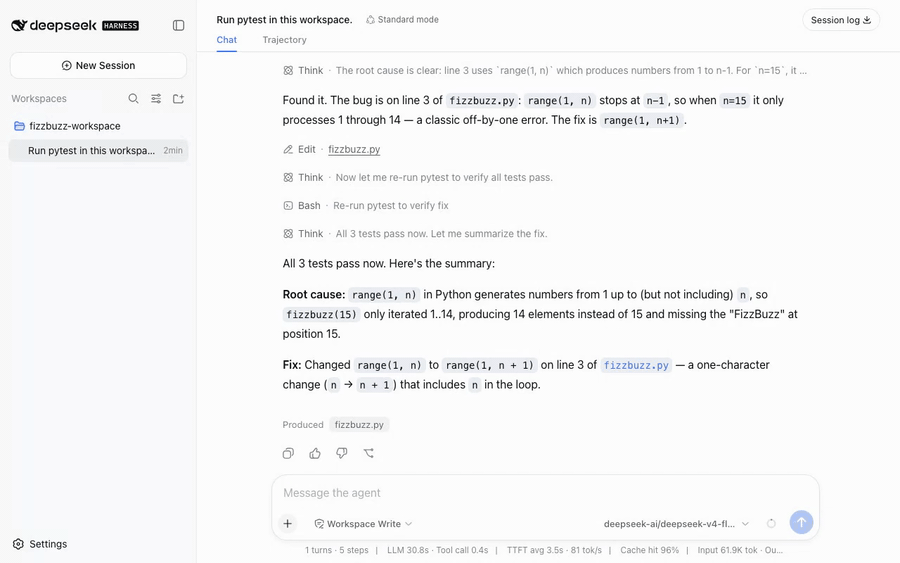 Forking a DeepSeek Harness session log to produce a second, dict-based implementation from the same starting point
