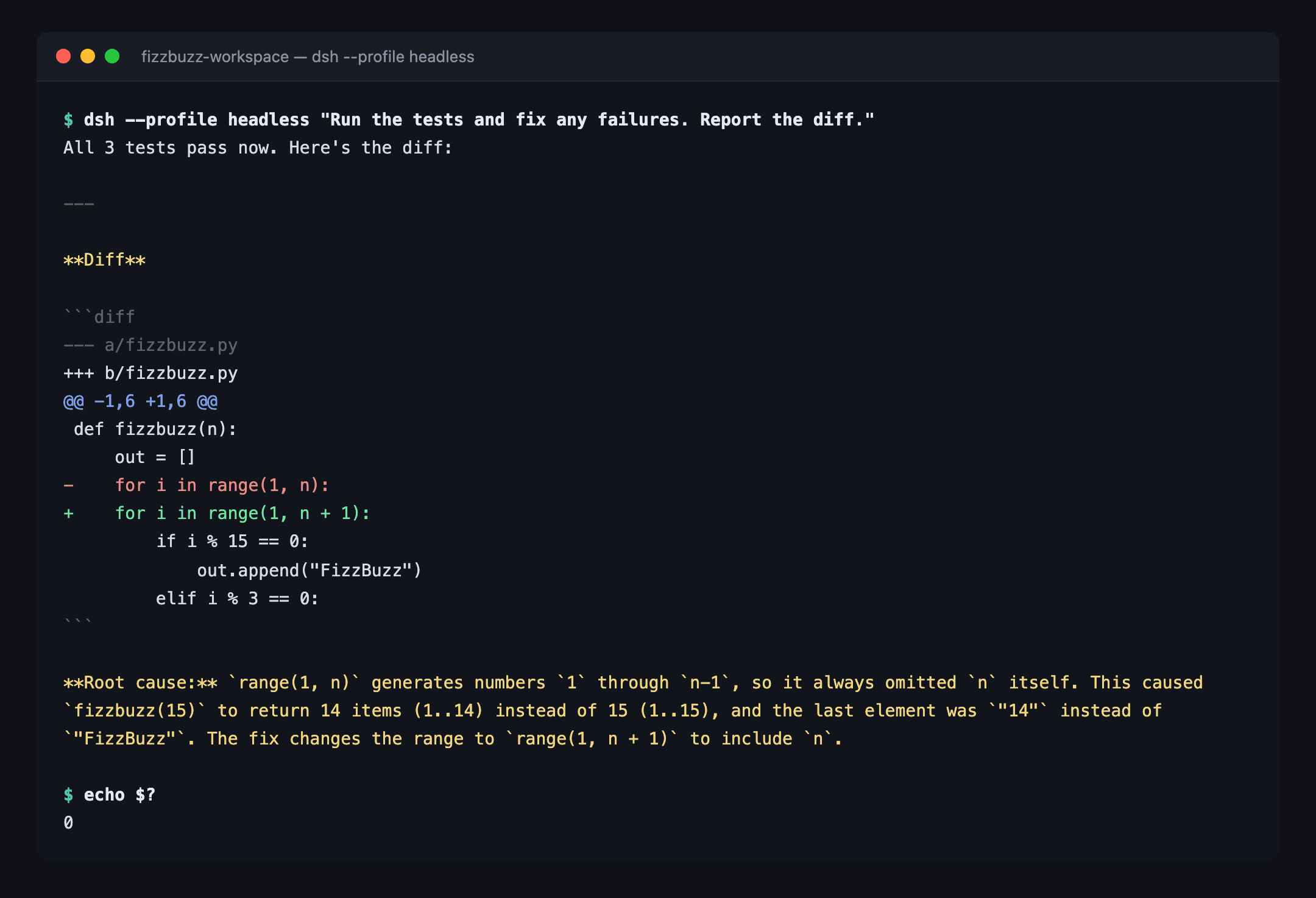 Terminal window showing a Python diff fixing a FizzBuzz range bug