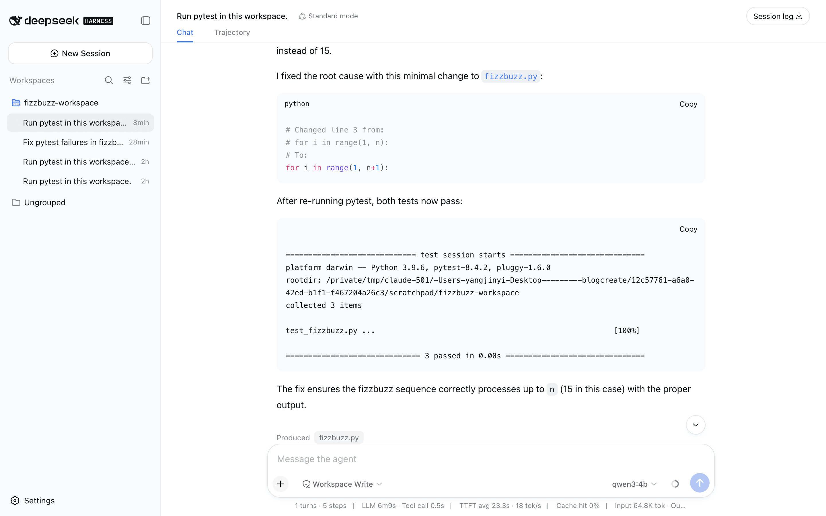 DeepSeek Harness interface showing Python code fix and passing pytest results
