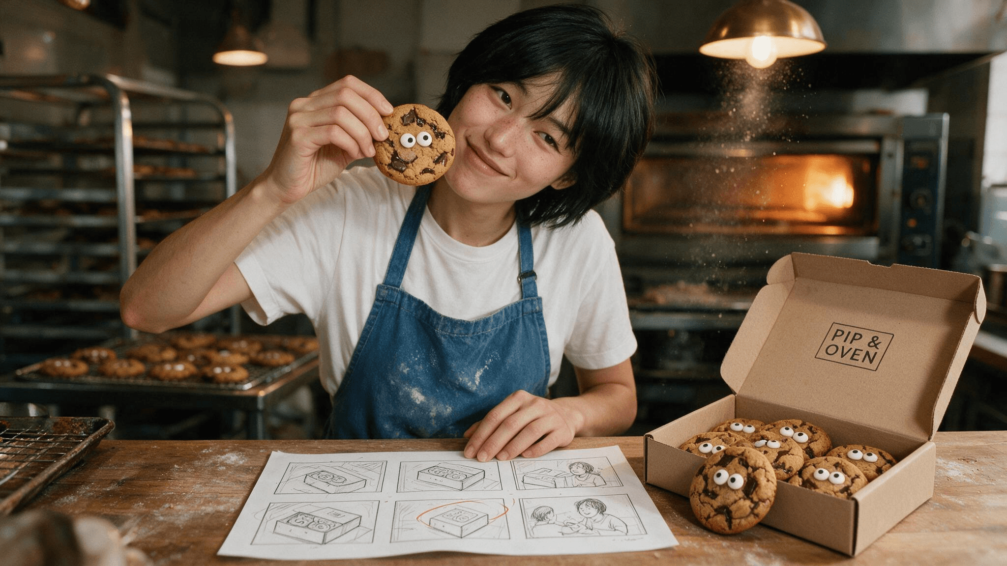 A baker with short black hair and freckles, in a white T-shirt and flour-dusted denim apron, holds a chocolate chunk cookie with two candy googly eyes beside their cheek while one hand rests on a printed storyboard sheet next to an open PIP & OVEN cookie box, with a glowing deck oven behind