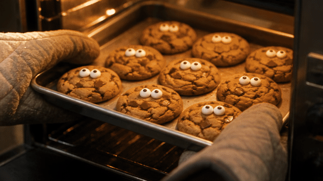 Highlights from the final Pip & Oven commercial made with TVC Maker: a tray of googly-eyed cookies comes out of the oven, the baker packs them into a kraft box, sits in a parked car with the box, holds a cookie beside their face for a deadpan look and laughs, and the spot ends on the open box printed PIP & OVEN and BAKED DAILY
