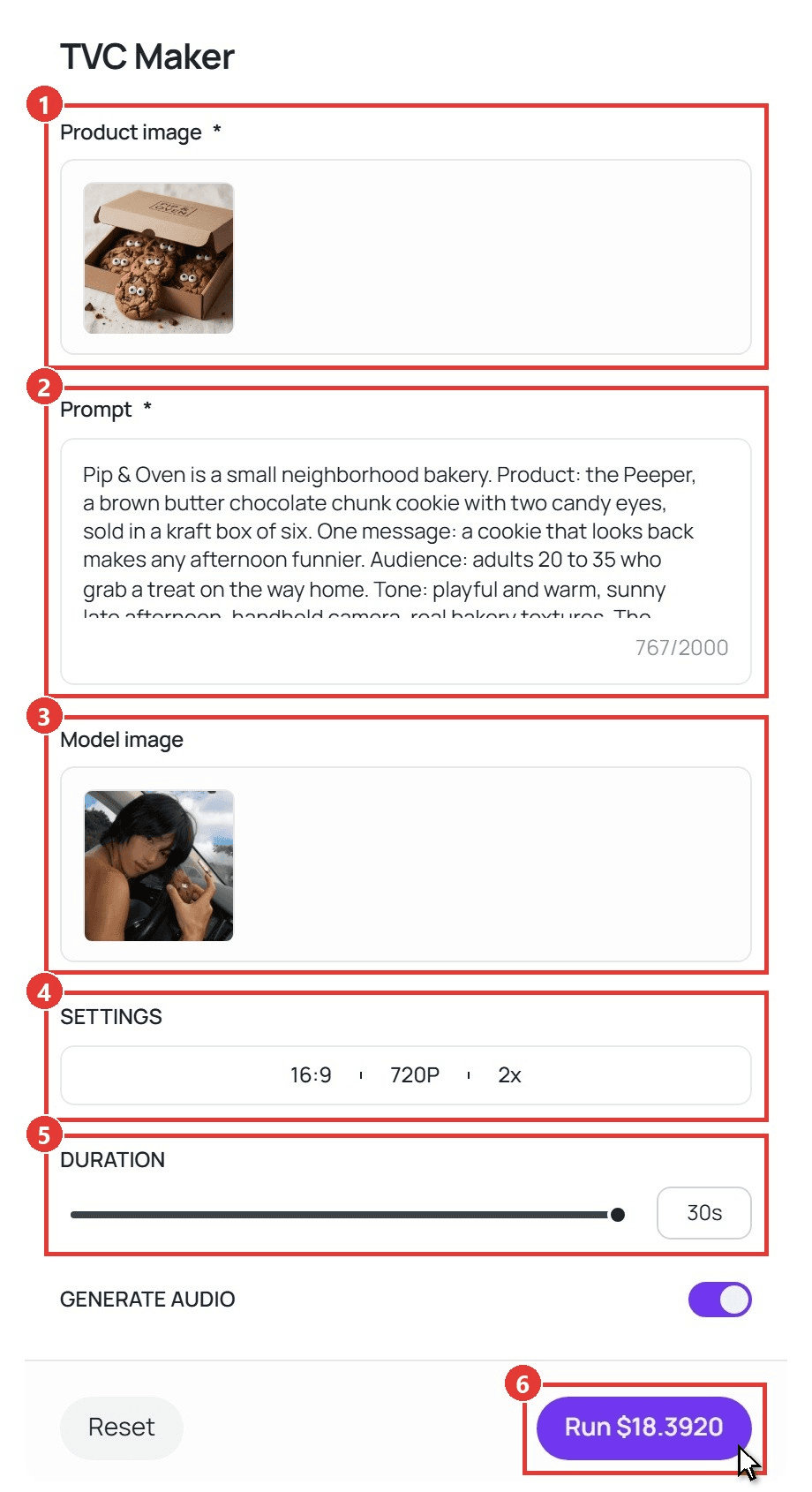TVC Maker workflow on Atlas Cloud with numbered red boxes on the Product image holding the PIP & OVEN cookie box, the Prompt holding the bakery brief, the Model image, SETTINGS at 16:9, 720P and 2x, DURATION at 30 seconds, and the cursor on the Run button