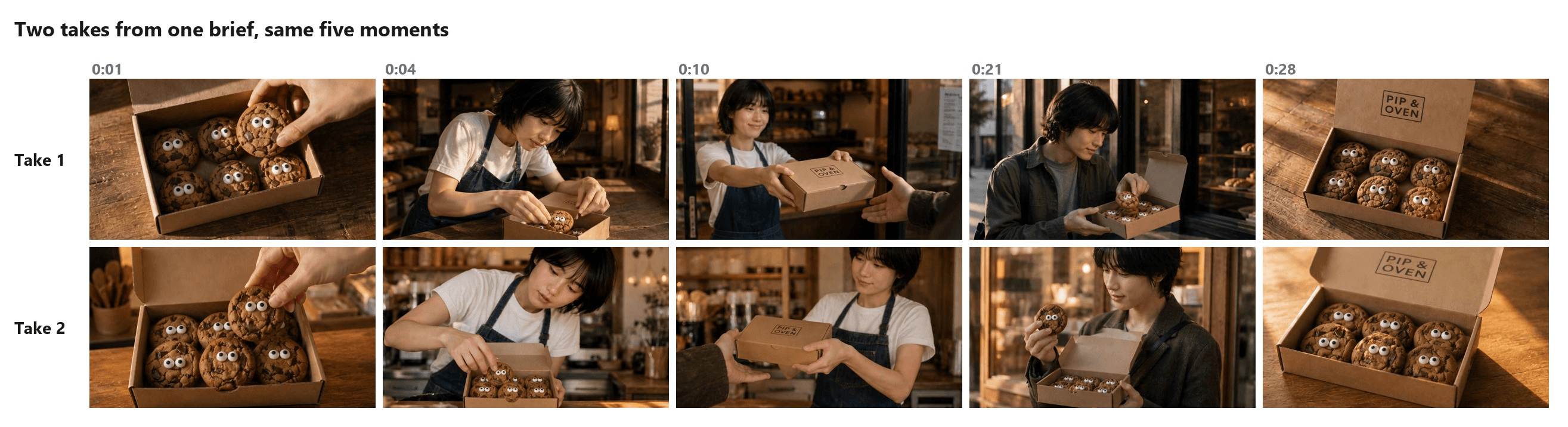 Frame grid comparing two takes of the Pip & Oven commercial at 0:01, 0:04, 0:10, 0:21 and 0:28: both open on googly-eyed cookies in a kraft box, cut to the baker packing the box, a hand-off at the counter, a customer holding a cookie outside, and a closing shot of the open PIP & OVEN box, with different counters, light and customers in each take