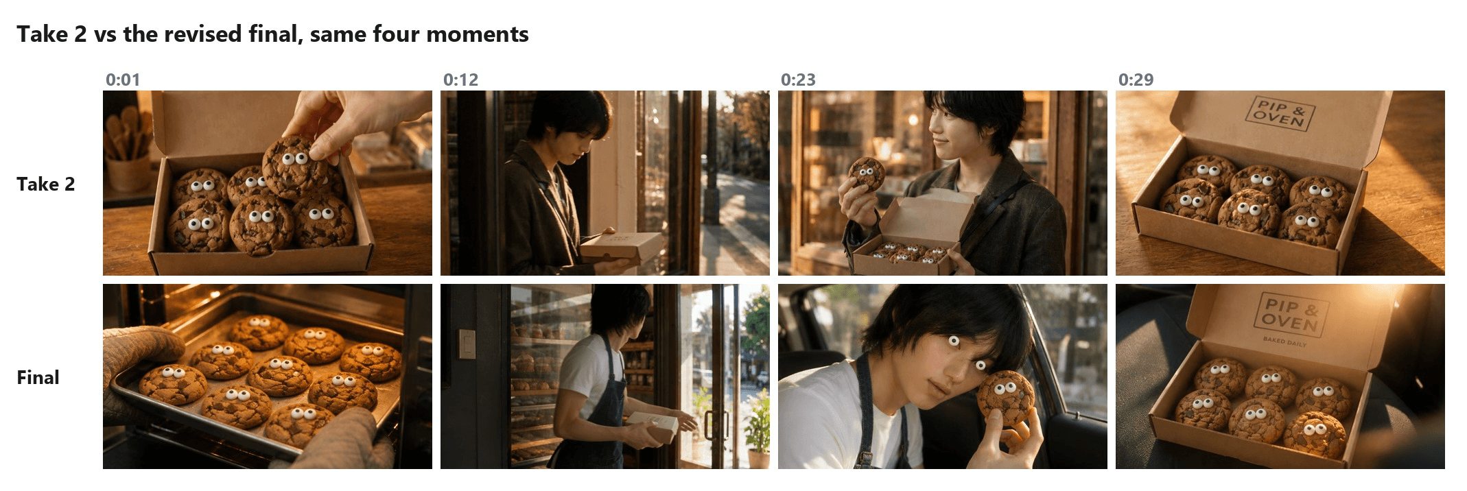 Frame grid comparing take 2 with the revised final at 0:01, 0:12, 0:23 and 0:29: take 2 opens on a box of cookies, shows a customer at the door, a customer smiling at a cookie and a logo-only end frame, while the final opens on a tray coming out of the oven, shows the baker leaving the shop, the baker in a car with candy eyes holding a cookie to their face, and an end frame reading PIP & OVEN, BAKED DAILY