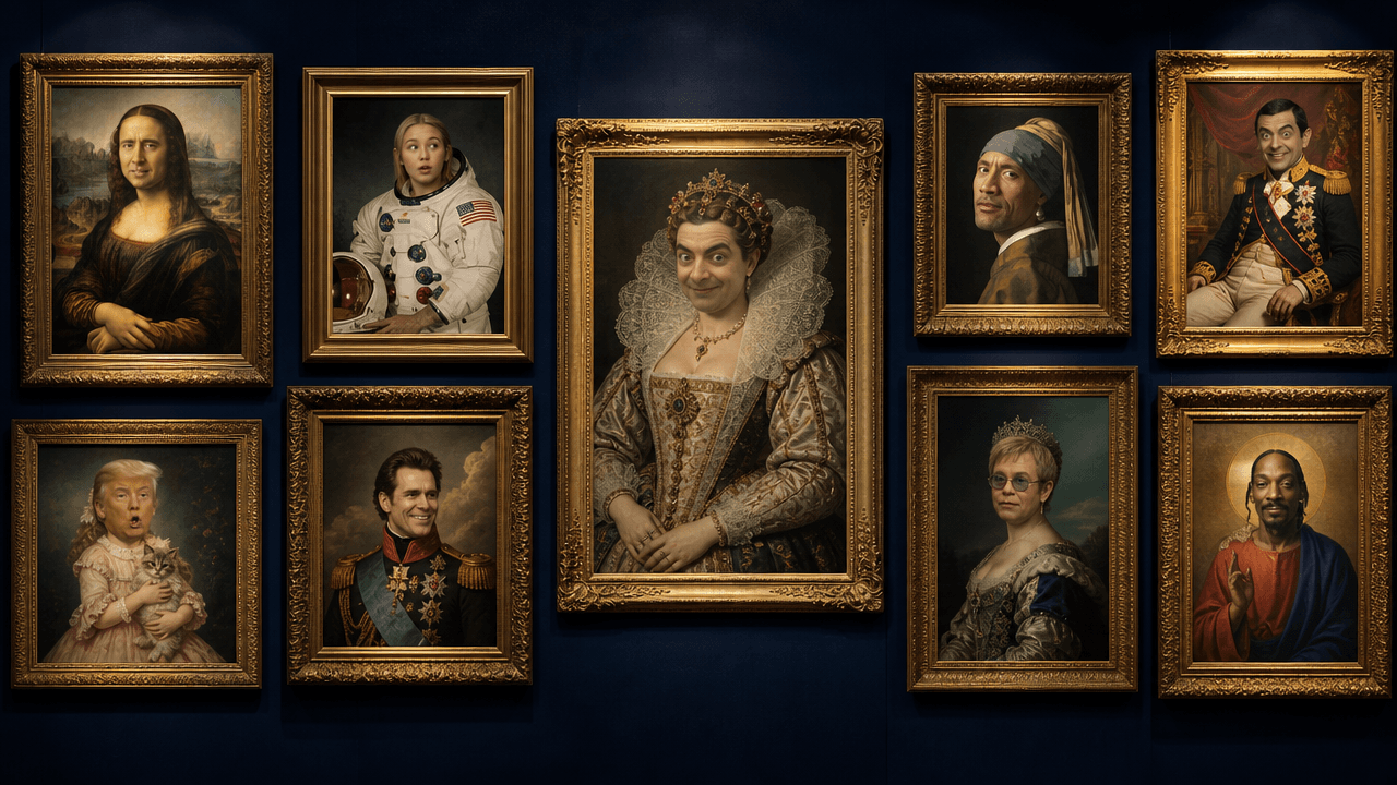 Celebrities photoshopped into classical paintings hanging on a gallery wall