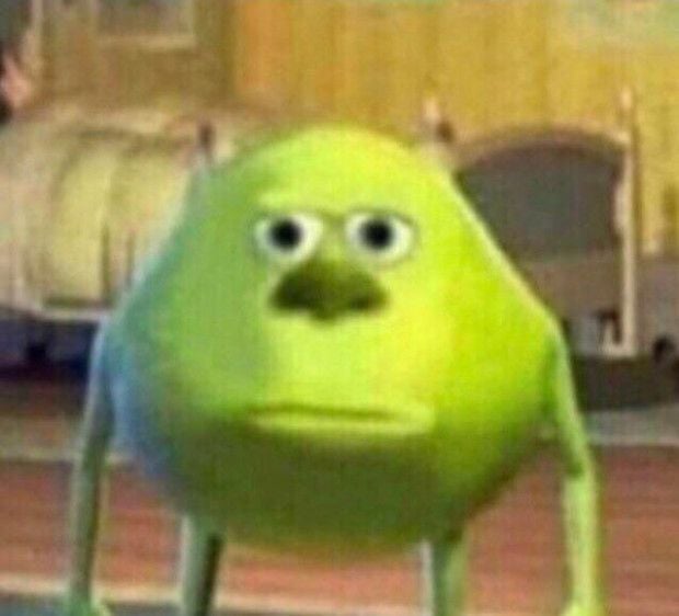 Green monster Mike Wazowski with two eyes and a blank expression_